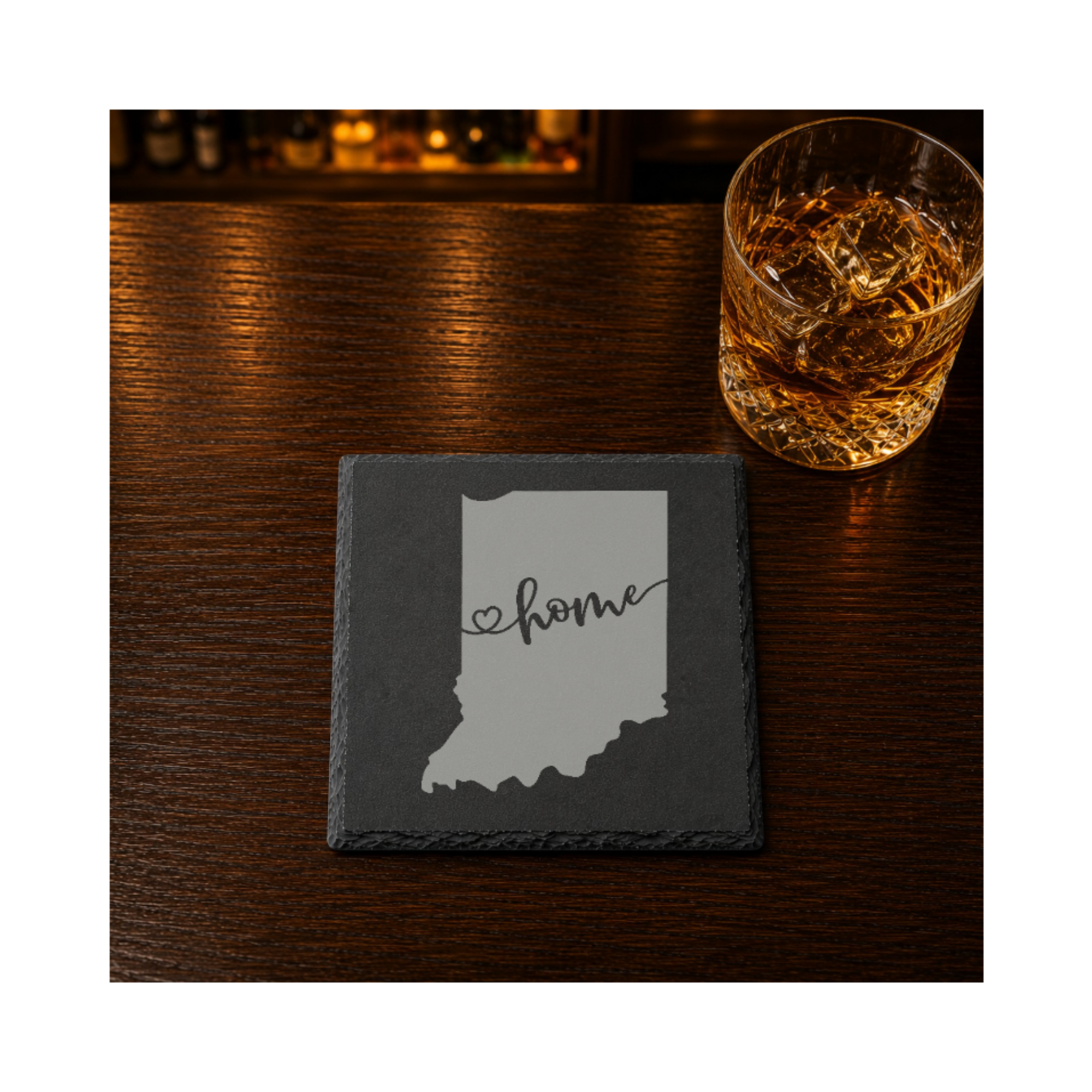 Indiana Slate Coasters 4x4 Laser Engraved Stone Drink Coasters Indiana Home Decor Hoosier State Established 1816 Gift — Dandelion Design Co. — SlateStudioMedia:gallery:18 — 0113-ISGN_indiana_slate_coasters_4x4_laser_engraved_stone_drink_coasters_indiana_home_decor_hoosier_state_established_1816_gift_13_D02_square_whiskey_lifestyle.png