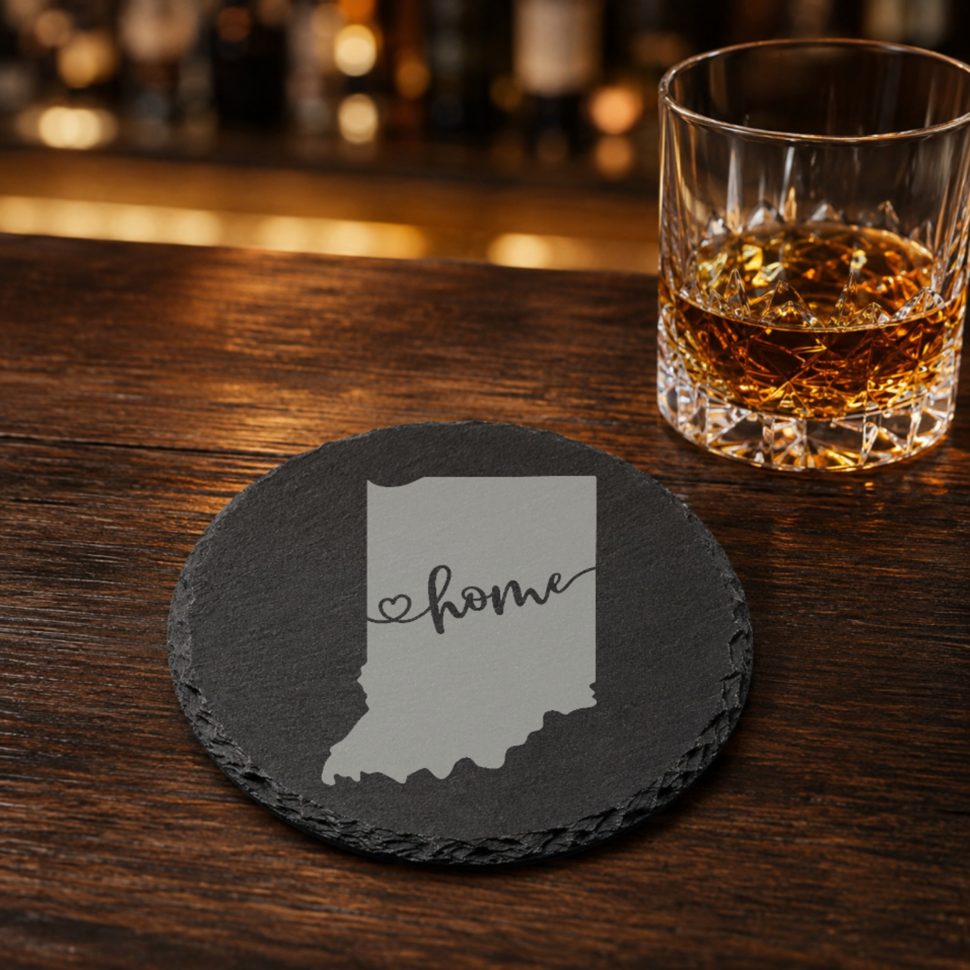 Indiana Slate Coasters 4x4 Laser Engraved Stone Drink Coasters Indiana Home Decor Hoosier State Established 1816 Gift — Dandelion Design Co. — SlateStudioMedia:gallery:19 — 0113-ISGN_indiana_slate_coasters_4x4_laser_engraved_stone_drink_coasters_indiana_home_decor_hoosier_state_established_1816_gift_16_D02_round_whiskey_lifestyle.png