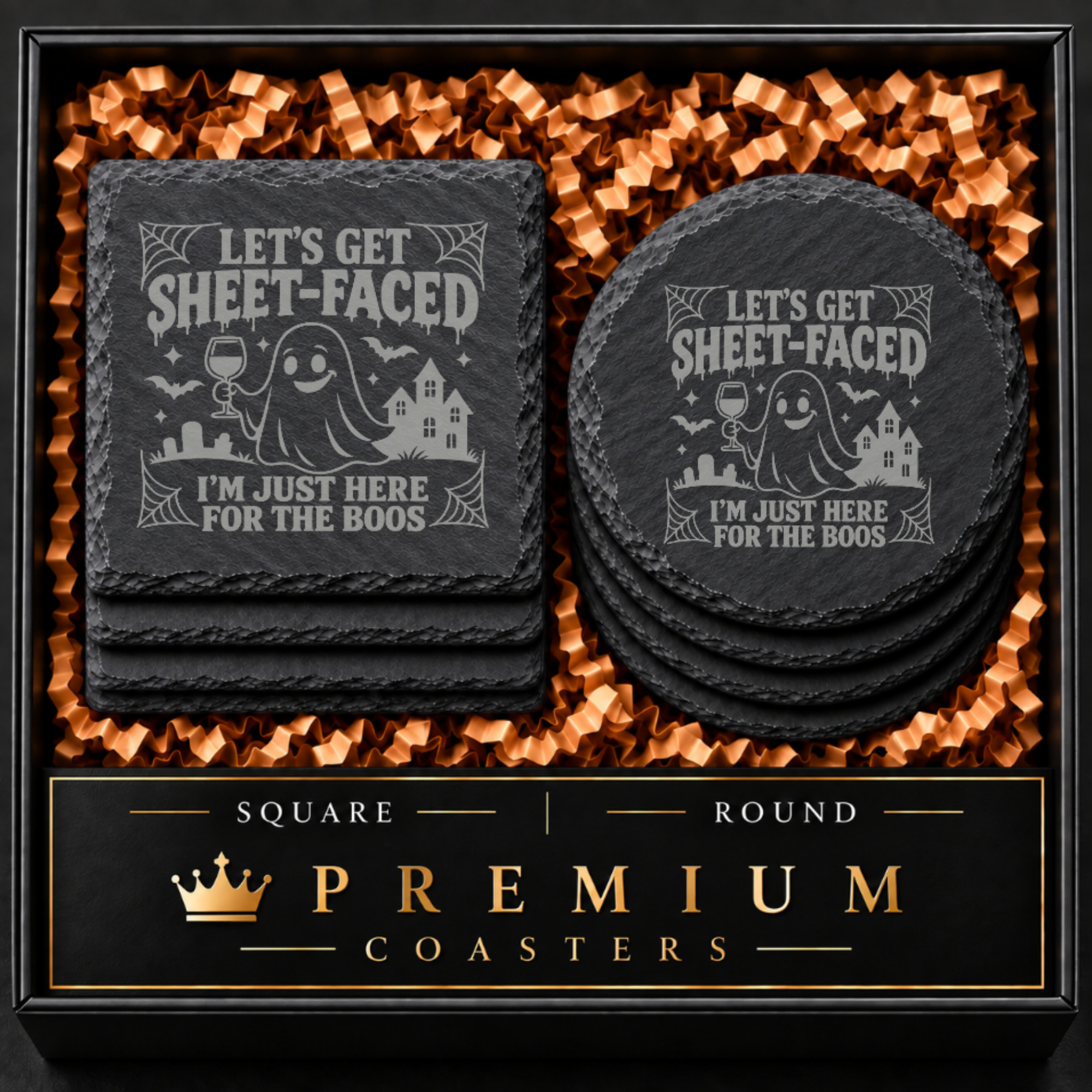 Let’s Get Sheet-Faced Slate Coaster | Funny Halloween Ghost Drink Coaster | “I’m Just Here for the Boos” Bar Decor | Spooky Booze Gift. — Dandelion Design Co. — SlateStudioMedia:hero:1 — 0114-LSGN_let_s_get_sheet_faced_slate_coaster_funny_halloween_ghost_drink_coaster_i_m_just_here_for_the_boos_bar_decor_spooky_booze_gift_01_square_round_gift_hero.png