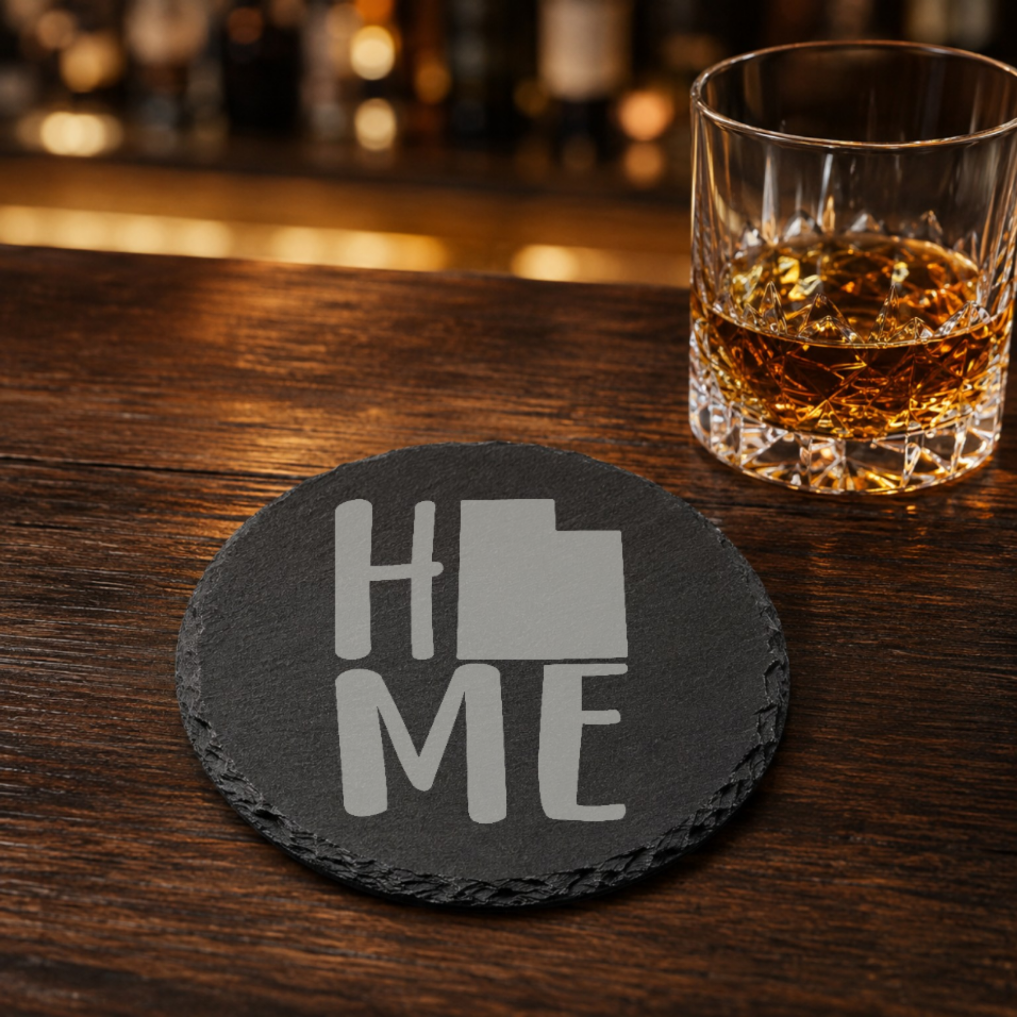 Utah Slate Coasters 4x4 Laser Engraved Stone Drink Coasters Utah Home Décor Beehive State Established 1896 Gift — Dandelion Design Co. — SlateStudioMedia:gallery:17 — 0115-USGN_utah_slate_coasters_4x4_laser_engraved_stone_drink_coasters_utah_home_d_cor_beehive_state_established_1896_gift_08_round_whiskey_lifestyle.png