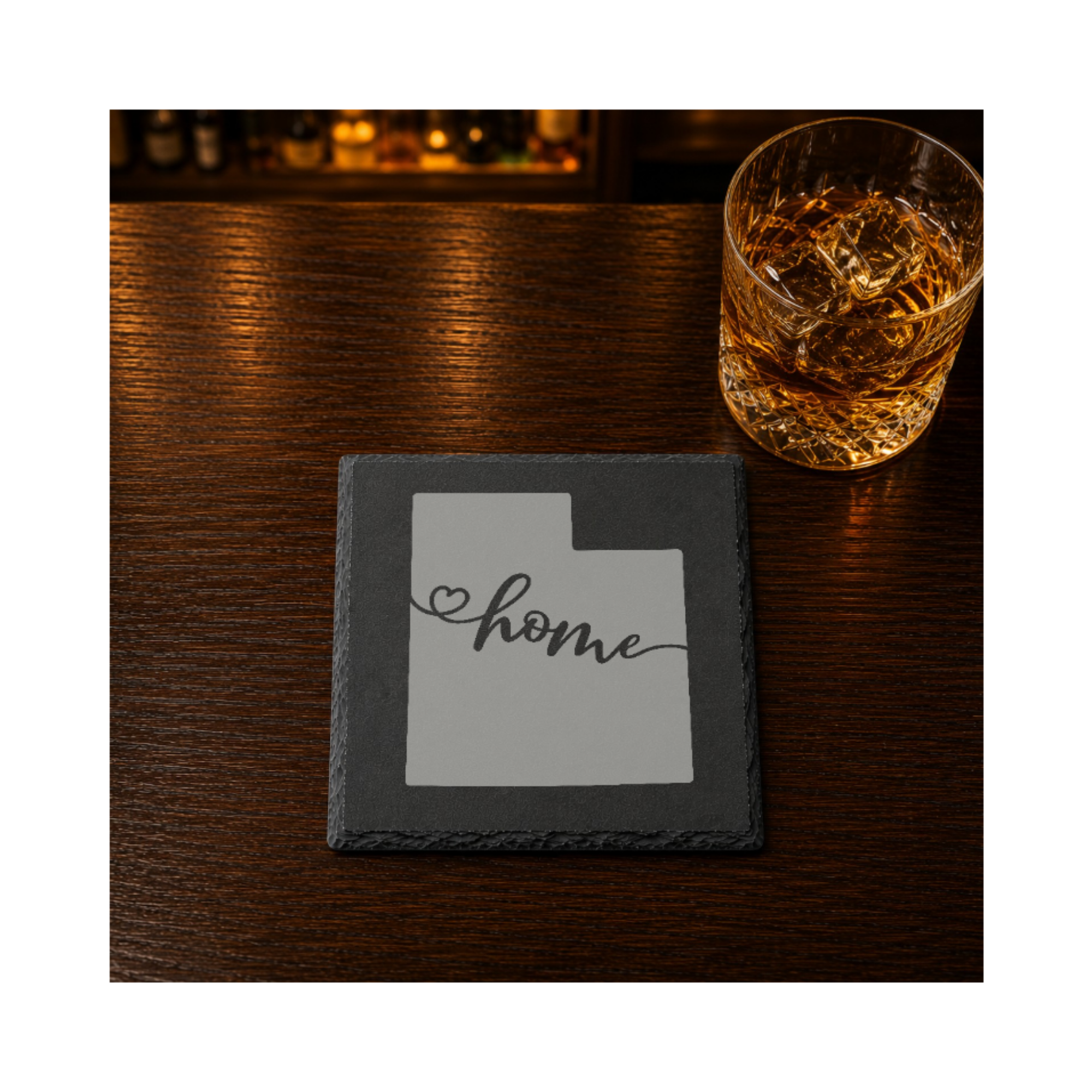 Utah Slate Coasters 4x4 Laser Engraved Stone Drink Coasters Utah Home Décor Beehive State Established 1896 Gift — Dandelion Design Co. — SlateStudioMedia:gallery:18 — 0115-USGN_utah_slate_coasters_4x4_laser_engraved_stone_drink_coasters_utah_home_d_cor_beehive_state_established_1896_gift_13_D02_square_whiskey_lifestyle.png