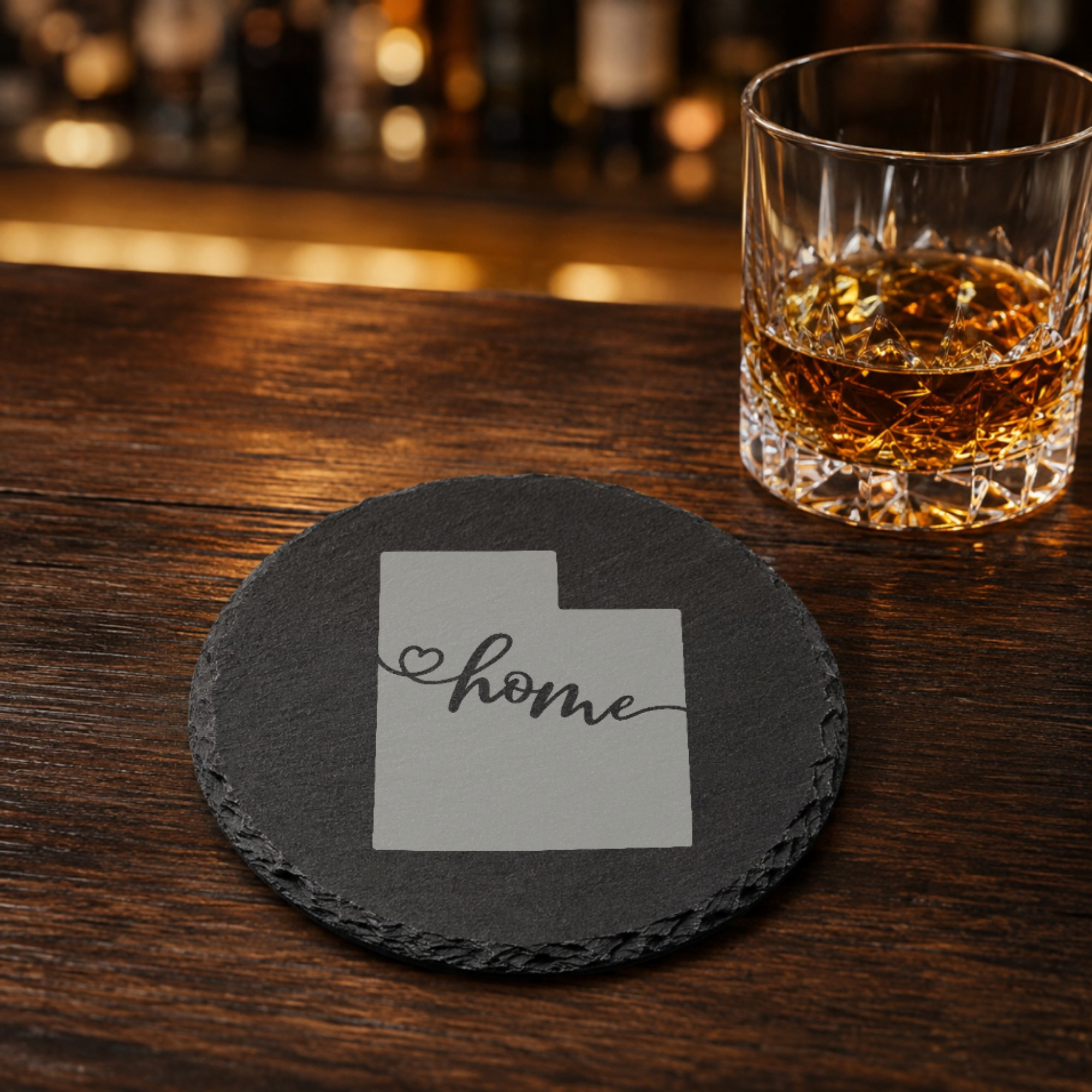 Utah Slate Coasters 4x4 Laser Engraved Stone Drink Coasters Utah Home Décor Beehive State Established 1896 Gift — Dandelion Design Co. — SlateStudioMedia:gallery:19 — 0115-USGN_utah_slate_coasters_4x4_laser_engraved_stone_drink_coasters_utah_home_d_cor_beehive_state_established_1896_gift_16_D02_round_whiskey_lifestyle.png