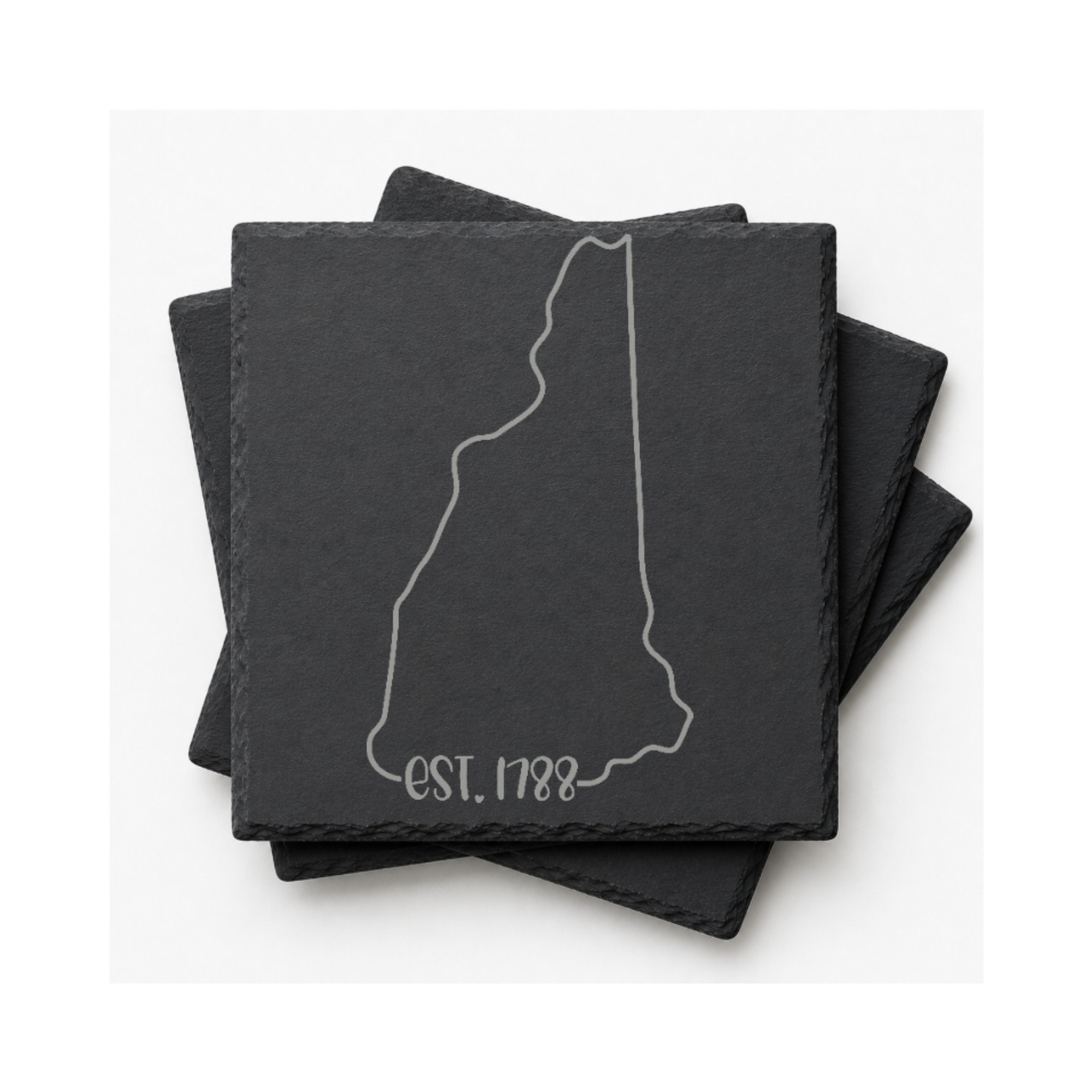 New Hampshire Slate Coasters 4x4 Laser Engraved Stone Drink Coasters New Hampshire Home Décor Granite State Established 1788 Gift — Dandelion Design Co. — SlateStudioMedia:gallery:14 — 0116-NHGN_new_hampshire_slate_coasters_4x4_laser_engraved_stone_drink_coasters_new_hampshire_home_d_cor_granite_state_established_1788_gift_18_D03_square_stack.png
