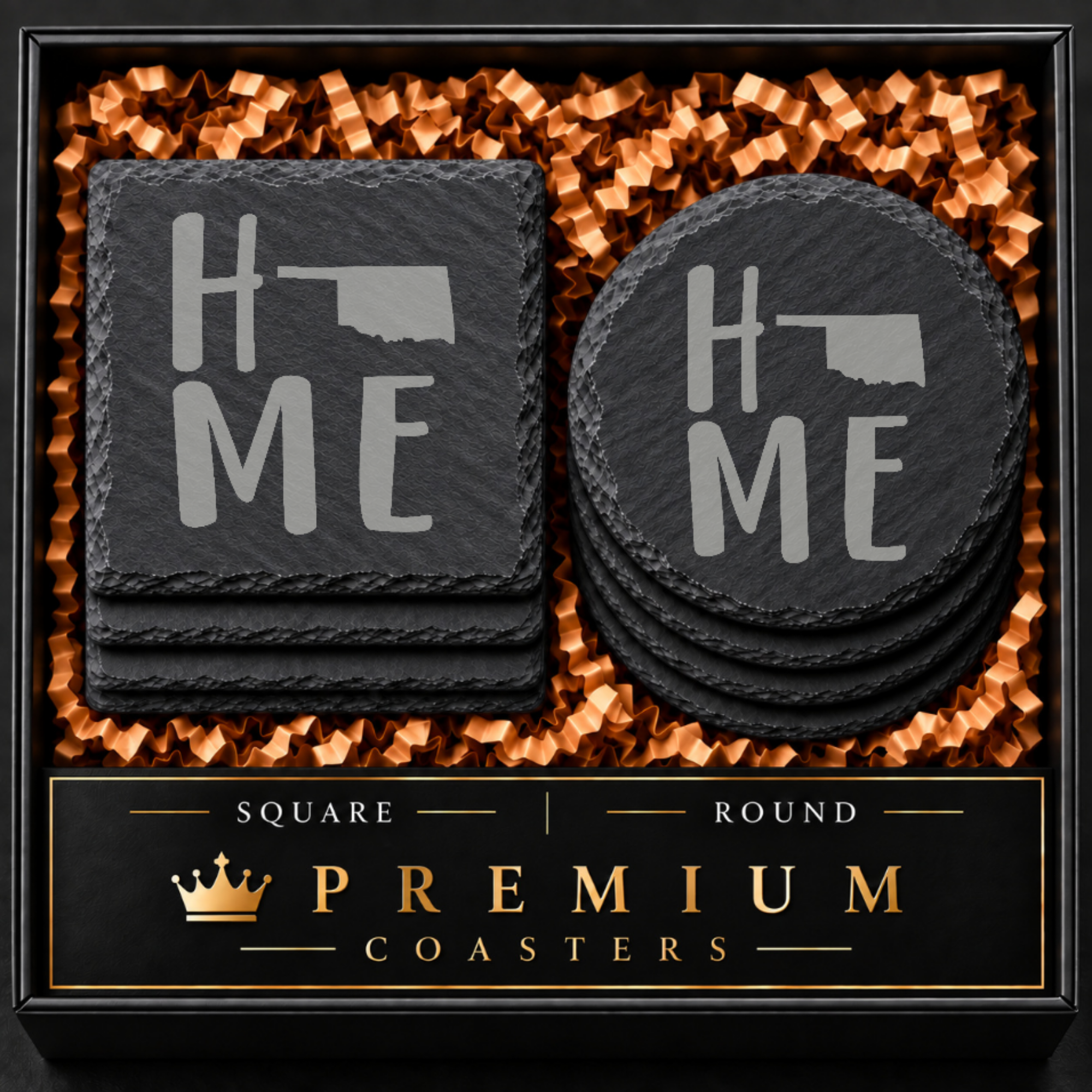 Oklahoma Slate Coaster Set – “The Sooner State” | Laser Engraved Slate | Set of 1, 2, 4, or 8 | Rustic Gift — Dandelion Design Co. — SlateStudioMedia:hero:1 — 0116-OSGN_oklahoma_slate_coaster_set_the_sooner_state_laser_engraved_slate_set_of_1_2_4_or_8_rustic_gift_01_square_round_gift_hero.png