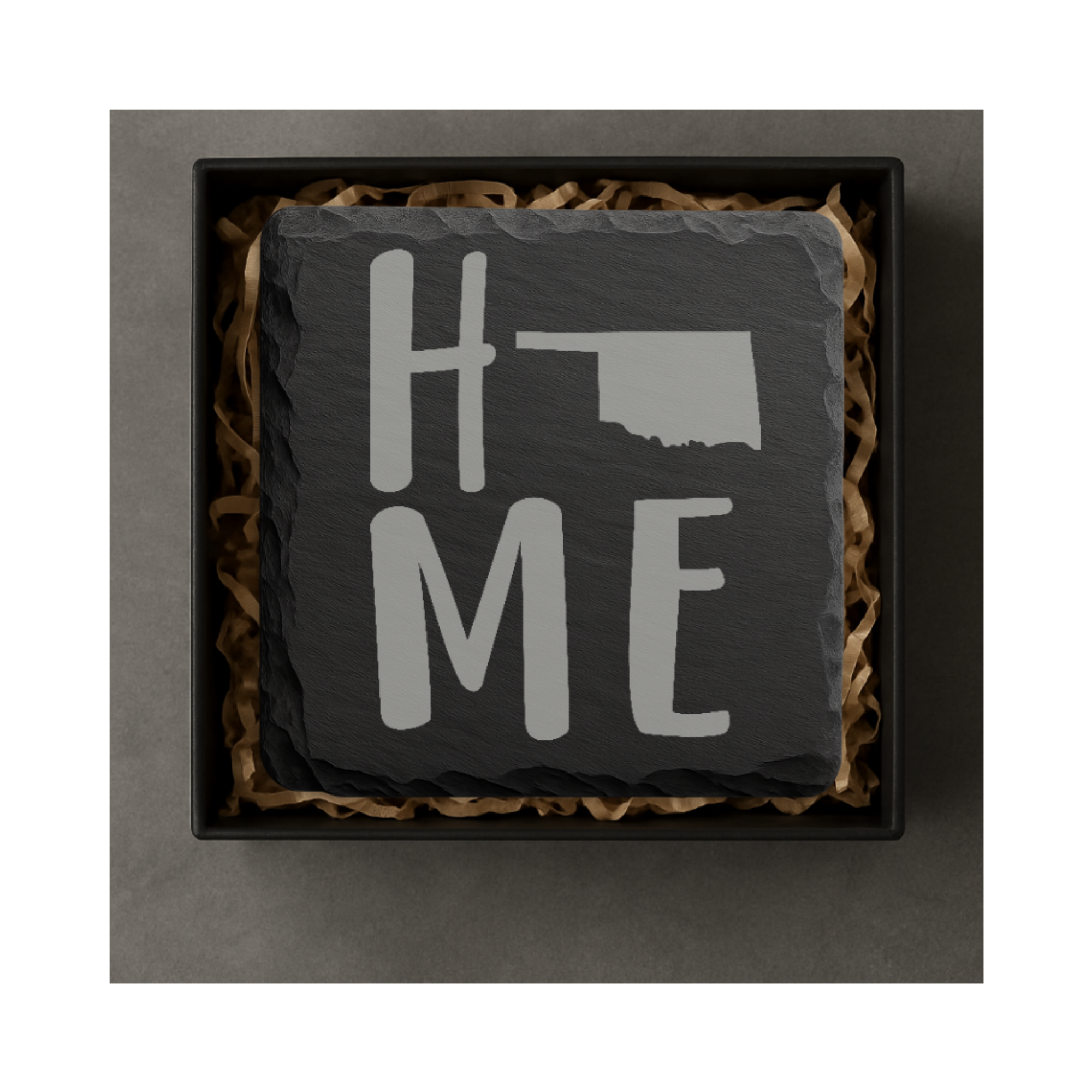 Oklahoma Slate Coaster Set – “The Sooner State” | Laser Engraved Slate | Set of 1, 2, 4, or 8 | Rustic Gift — Dandelion Design Co. — SlateStudioMedia:gallery:10 — 0116-OSGN_oklahoma_slate_coaster_set_the_sooner_state_laser_engraved_slate_set_of_1_2_4_or_8_rustic_gift_05_square_gift_box.png