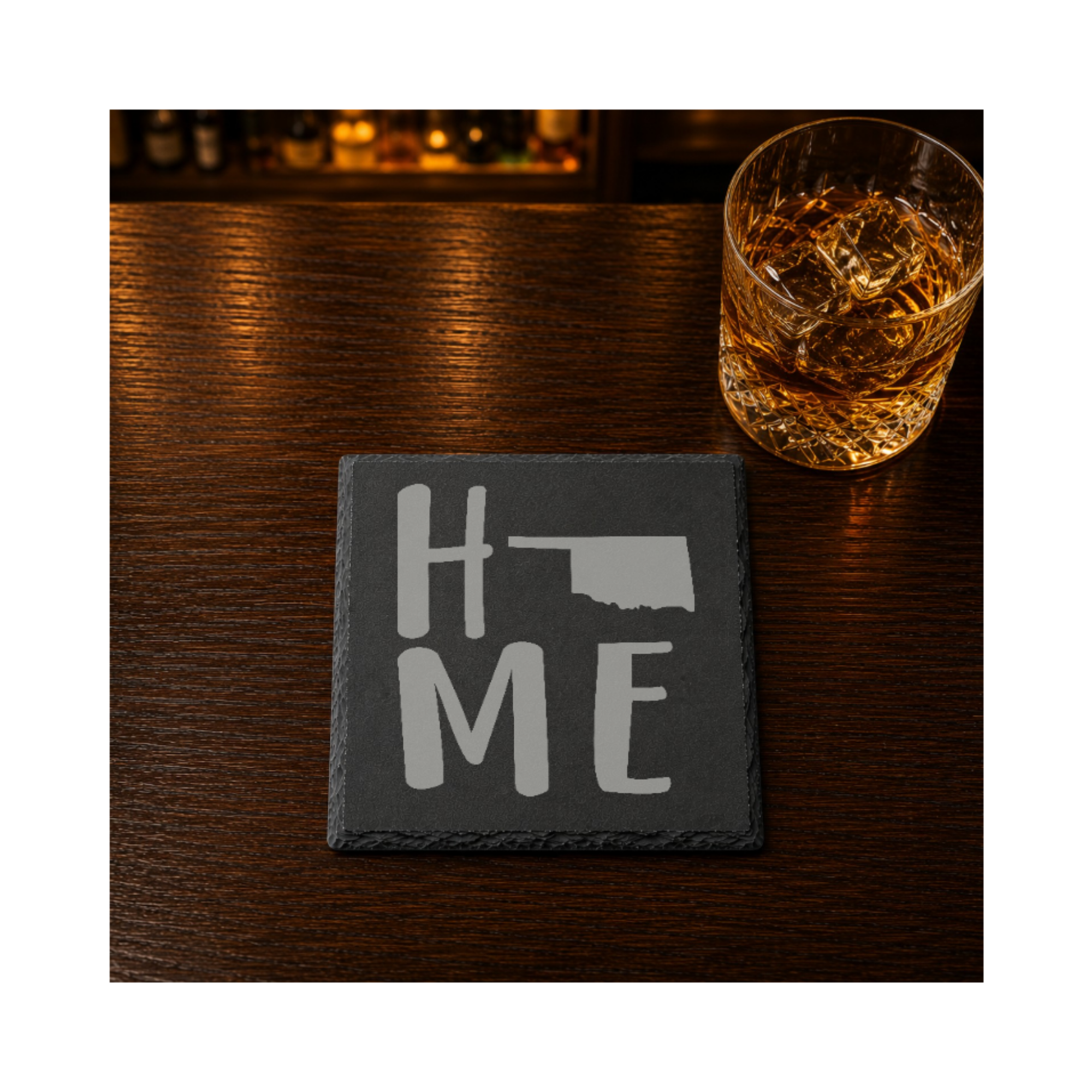Oklahoma Slate Coaster Set – “The Sooner State” | Laser Engraved Slate | Set of 1, 2, 4, or 8 | Rustic Gift — Dandelion Design Co. — SlateStudioMedia:gallery:20 — 0116-OSGN_oklahoma_slate_coaster_set_the_sooner_state_laser_engraved_slate_set_of_1_2_4_or_8_rustic_gift_07_square_whiskey_lifestyle.png