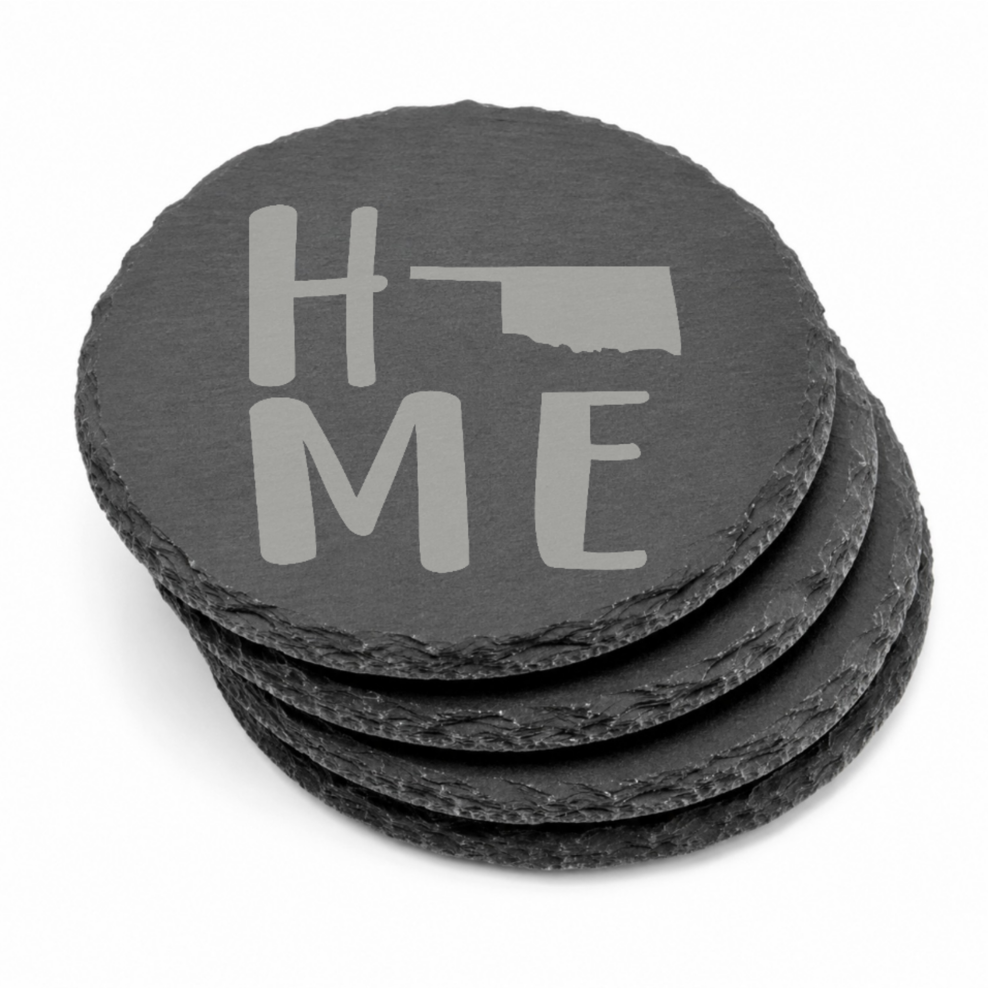 Oklahoma Slate Coaster Set – “The Sooner State” | Laser Engraved Slate | Set of 1, 2, 4, or 8 | Rustic Gift — Dandelion Design Co. — SlateStudioMedia:gallery:13 — 0116-OSGN_oklahoma_slate_coaster_set_the_sooner_state_laser_engraved_slate_set_of_1_2_4_or_8_rustic_gift_10_round_stack.png