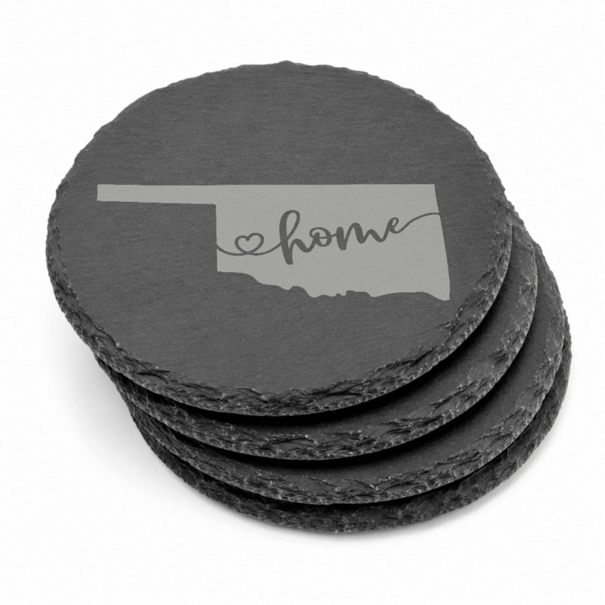 Oklahoma Slate Coaster Set – “The Sooner State” | Laser Engraved Slate | Set of 1, 2, 4, or 8 | Rustic Gift — Dandelion Design Co. — SlateStudioMedia:gallery:15 — 0116-OSGN_oklahoma_slate_coaster_set_the_sooner_state_laser_engraved_slate_set_of_1_2_4_or_8_rustic_gift_15_D02_round_stack.png