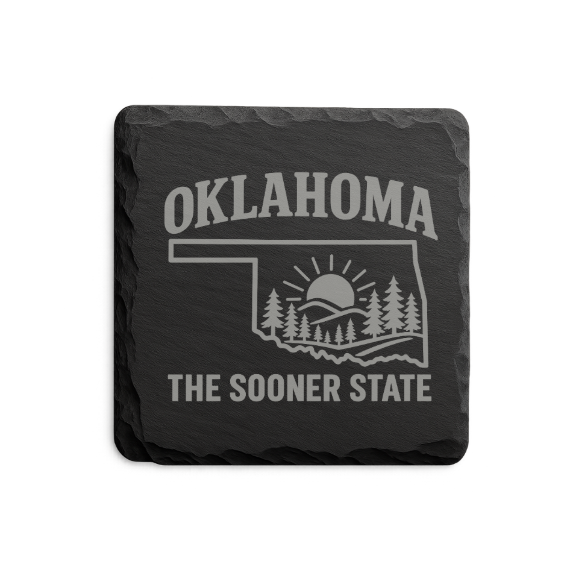 Oklahoma Slate Coaster Set – “The Sooner State” | Laser Engraved Slate | Set of 1, 2, 4, or 8 | Rustic Gift — Dandelion Design Co. — SlateStudioMedia:design%3A4%3Ashape%3Asquare:5 — 0116-OSGN_oklahoma_slate_coaster_set_the_sooner_state_laser_engraved_slate_set_of_1_2_4_or_8_rustic_gift_23_D04_square_main.png