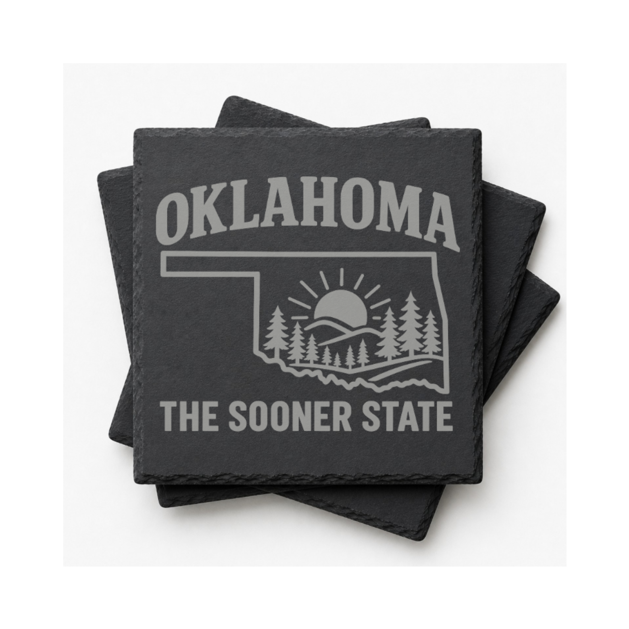 Oklahoma Slate Coaster Set – “The Sooner State” | Laser Engraved Slate | Set of 1, 2, 4, or 8 | Rustic Gift — Dandelion Design Co. — SlateStudioMedia:gallery:18 — 0116-OSGN_oklahoma_slate_coaster_set_the_sooner_state_laser_engraved_slate_set_of_1_2_4_or_8_rustic_gift_24_D04_square_stack.png