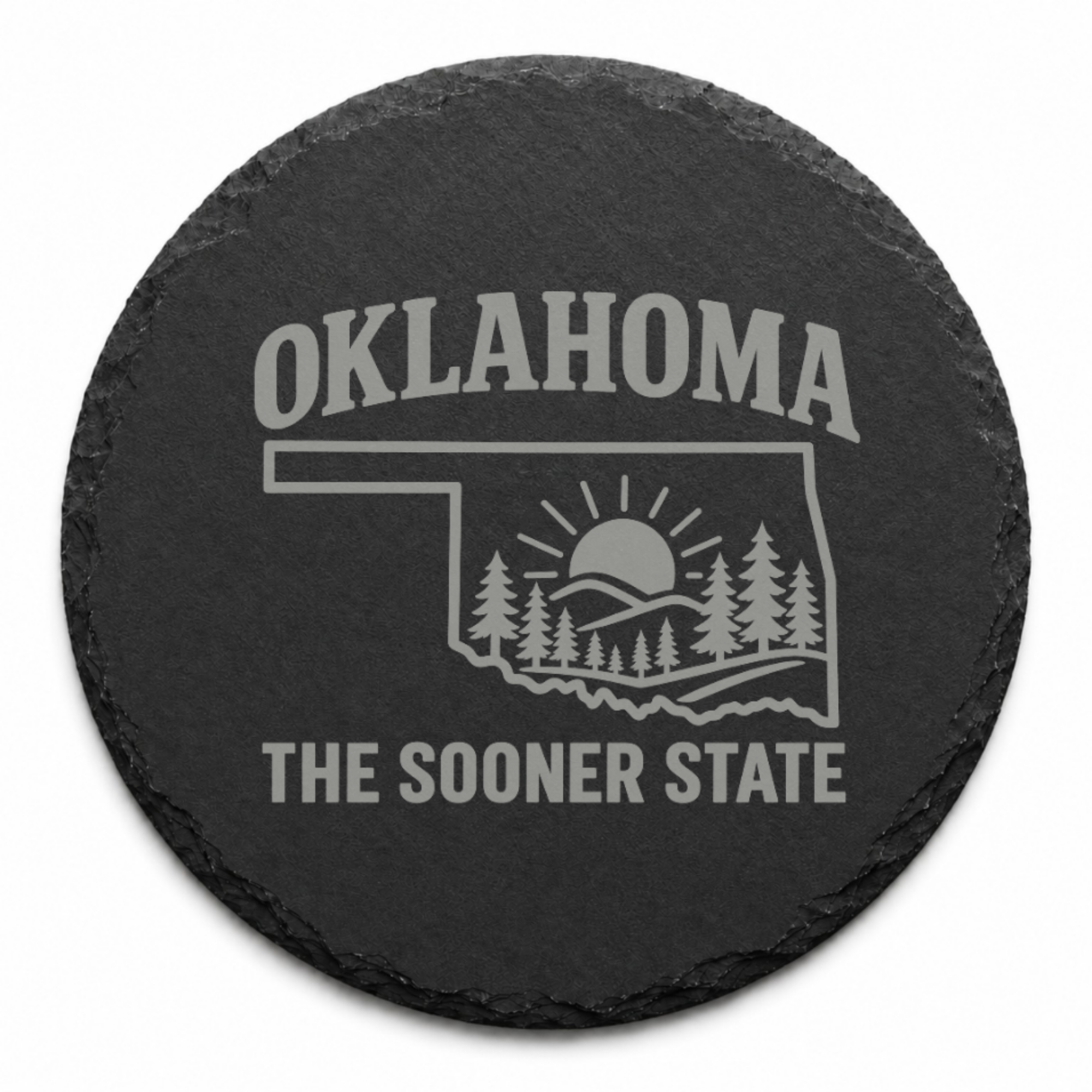 Oklahoma Slate Coaster Set – “The Sooner State” | Laser Engraved Slate | Set of 1, 2, 4, or 8 | Rustic Gift — Dandelion Design Co. — SlateStudioMedia:design%3A4%3Ashape%3Around:9 — 0116-OSGN_oklahoma_slate_coaster_set_the_sooner_state_laser_engraved_slate_set_of_1_2_4_or_8_rustic_gift_26_D04_round_main.png