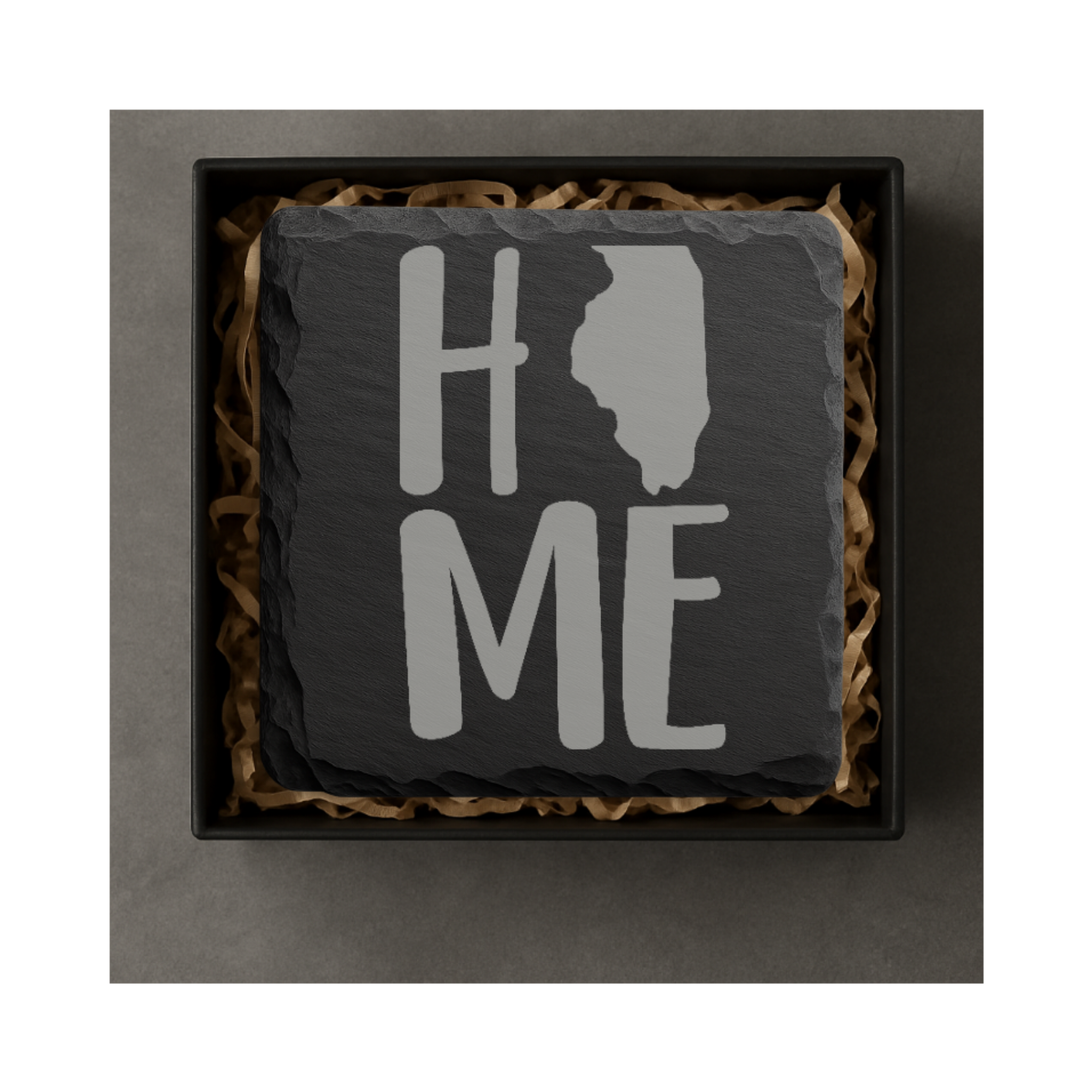 Illinois Slate Coasters 4x4 Laser Engraved Stone Drink Coasters Illinois Home Decor Prairie State Established 1818 Gift — Dandelion Design Co. — SlateStudioMedia:gallery:8 — 0118-ISGN_illinois_slate_coasters_4x4_laser_engraved_stone_drink_coasters_illinois_home_decor_prairie_state_established_1818_gift_05_square_gift_box.png