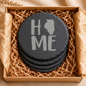 Illinois Slate Coasters 4x4 Laser Engraved Stone Drink Coasters Illinois Home Decor Prairie State Established 1818 Gift — Dandelion Design Co. — SlateStudioMedia:gallery:9 — 0118-ISGN_illinois_slate_coasters_4x4_laser_engraved_stone_drink_coasters_illinois_home_decor_prairie_state_established_1818_gift_06_round_gift_box.png