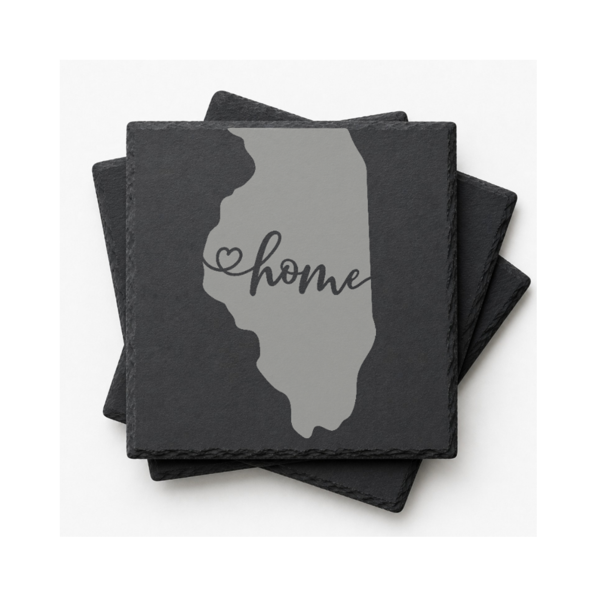 Illinois Slate Coasters 4x4 Laser Engraved Stone Drink Coasters Illinois Home Decor Prairie State Established 1818 Gift — Dandelion Design Co. — SlateStudioMedia:gallery:12 — 0118-ISGN_illinois_slate_coasters_4x4_laser_engraved_stone_drink_coasters_illinois_home_decor_prairie_state_established_1818_gift_12_D02_square_stack.png