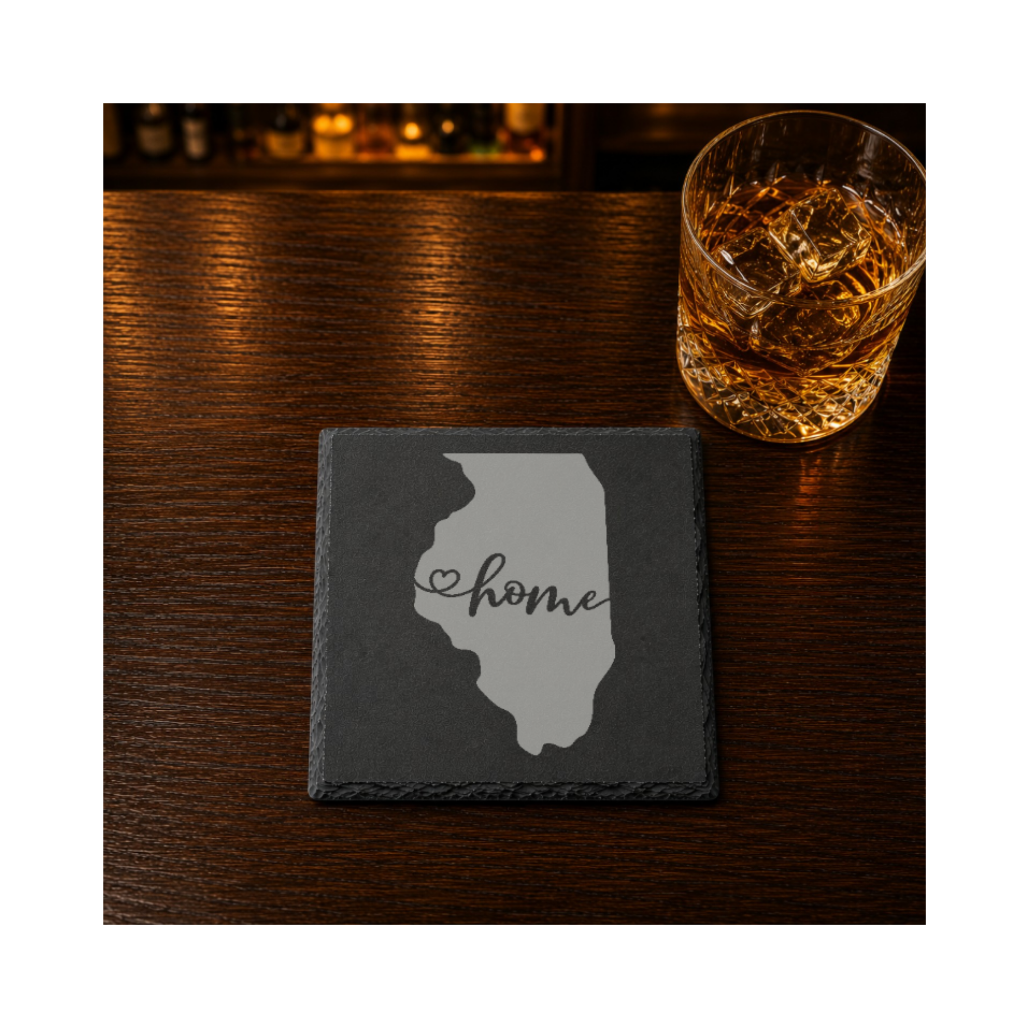 Illinois Slate Coasters 4x4 Laser Engraved Stone Drink Coasters Illinois Home Decor Prairie State Established 1818 Gift — Dandelion Design Co. — SlateStudioMedia:gallery:18 — 0118-ISGN_illinois_slate_coasters_4x4_laser_engraved_stone_drink_coasters_illinois_home_decor_prairie_state_established_1818_gift_13_D02_square_whiskey_lifestyle.png