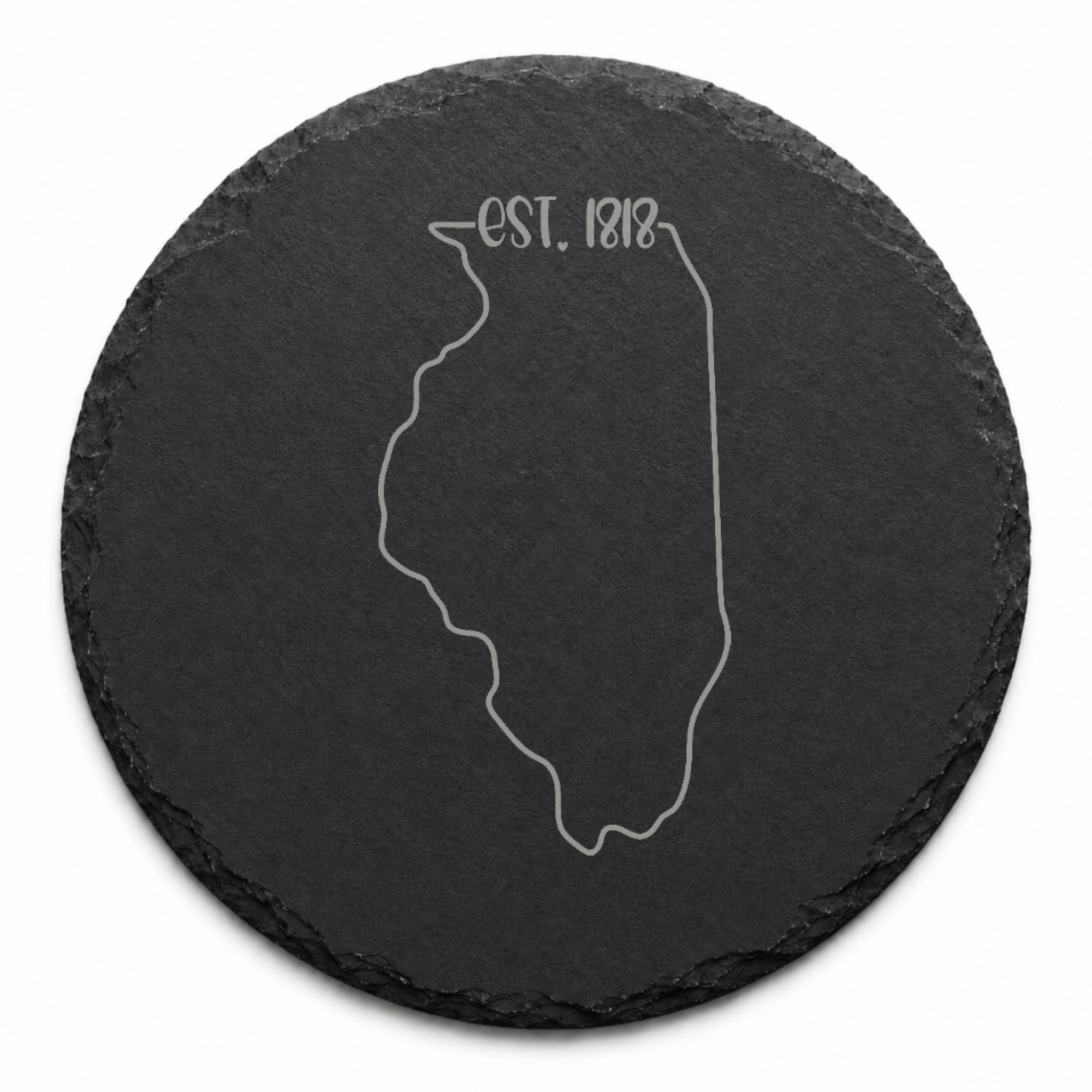 Illinois Slate Coasters 4x4 Laser Engraved Stone Drink Coasters Illinois Home Decor Prairie State Established 1818 Gift — Dandelion Design Co. — SlateStudioMedia:design%3A3%3Ashape%3Around:7 — 0118-ISGN_illinois_slate_coasters_4x4_laser_engraved_stone_drink_coasters_illinois_home_decor_prairie_state_established_1818_gift_20_D03_round_main.png