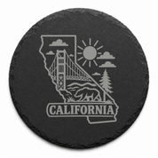 California Slate Coaster - Laser Etched State Design with Golden Gate Bridge, Bear & Sun - Handcrafted Home Decor Gift — Dandelion Design Co. — SlateStudioMedia:design%3A1%3Ashape%3Around:6 — 0119-CSGN_california_slate_coaster_laser_etched_state_design_with_golden_gate_bridge_bear_sun_handcrafted_home_decor_gift_04_round_main.png