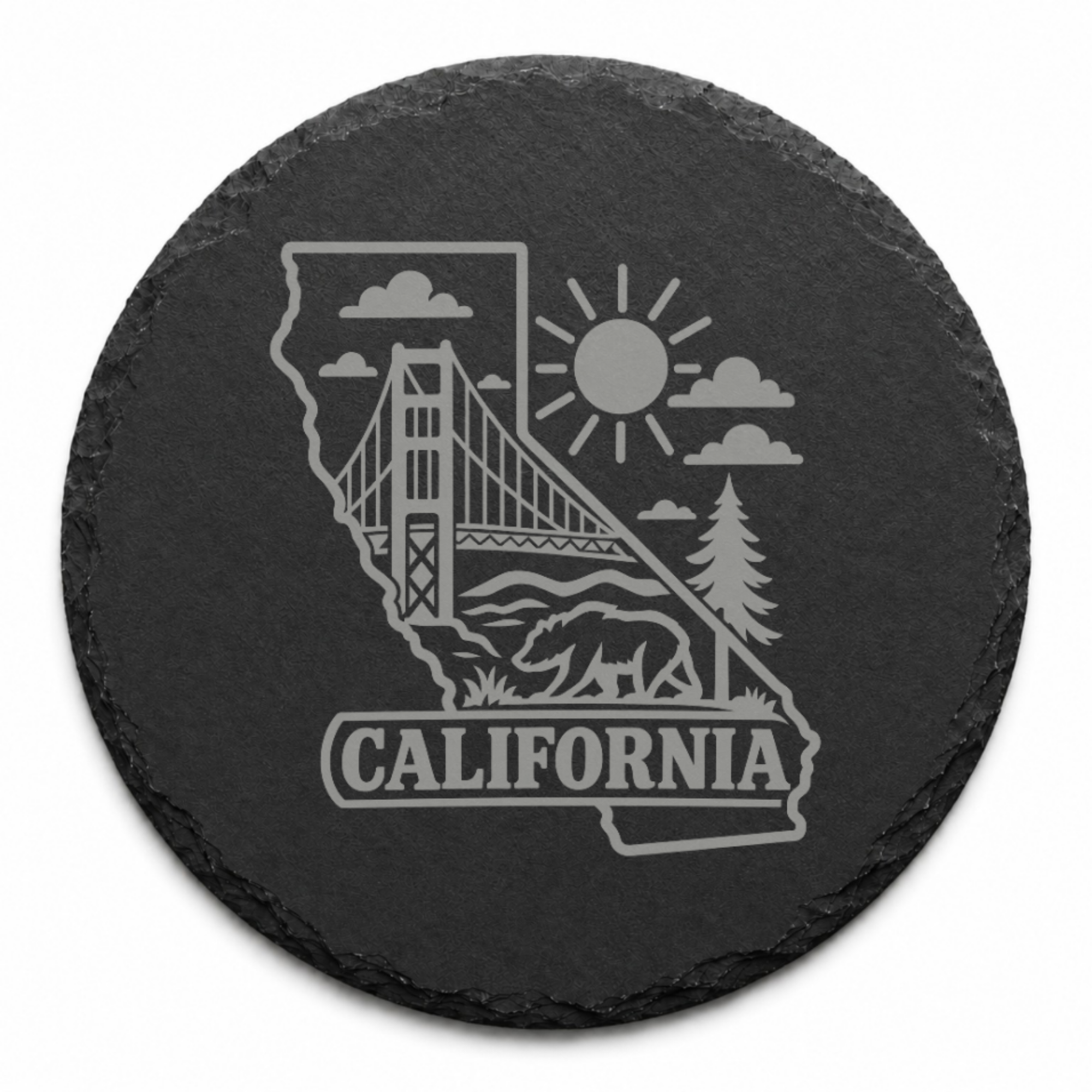 California Slate Coaster - Laser Etched State Design with Golden Gate Bridge, Bear & Sun - Handcrafted Home Decor Gift — Dandelion Design Co. — SlateStudioMedia:design%3A1%3Ashape%3Around:6 — 0119-CSGN_california_slate_coaster_laser_etched_state_design_with_golden_gate_bridge_bear_sun_handcrafted_home_decor_gift_04_round_main.png