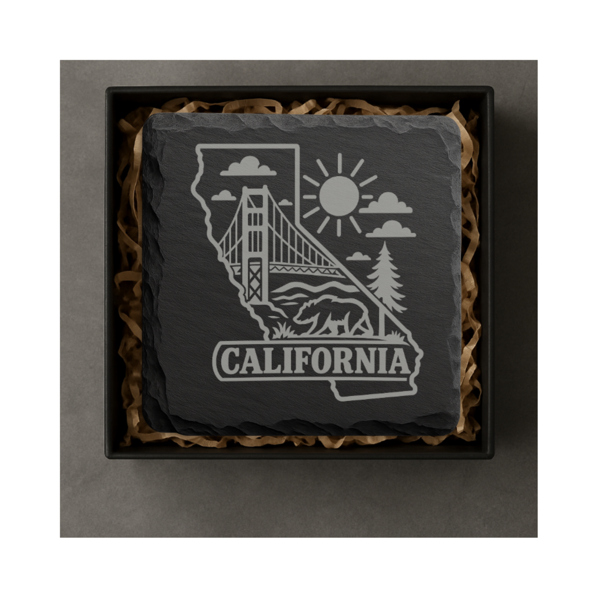 California Slate Coaster - Laser Etched State Design with Golden Gate Bridge, Bear & Sun - Handcrafted Home Decor Gift — Dandelion Design Co. — SlateStudioMedia:gallery:10 — 0119-CSGN_california_slate_coaster_laser_etched_state_design_with_golden_gate_bridge_bear_sun_handcrafted_home_decor_gift_05_square_gift_box.png