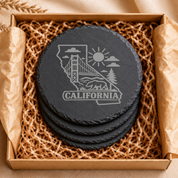 California Slate Coaster - Laser Etched State Design with Golden Gate Bridge, Bear & Sun - Handcrafted Home Decor Gift — Dandelion Design Co. — SlateStudioMedia:gallery:11 — 0119-CSGN_california_slate_coaster_laser_etched_state_design_with_golden_gate_bridge_bear_sun_handcrafted_home_decor_gift_06_round_gift_box.png