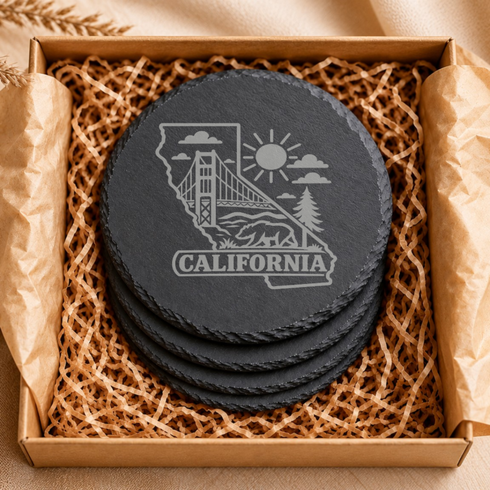 California Slate Coaster - Laser Etched State Design with Golden Gate Bridge, Bear & Sun - Handcrafted Home Decor Gift — Dandelion Design Co. — SlateStudioMedia:gallery:11 — 0119-CSGN_california_slate_coaster_laser_etched_state_design_with_golden_gate_bridge_bear_sun_handcrafted_home_decor_gift_06_round_gift_box.png