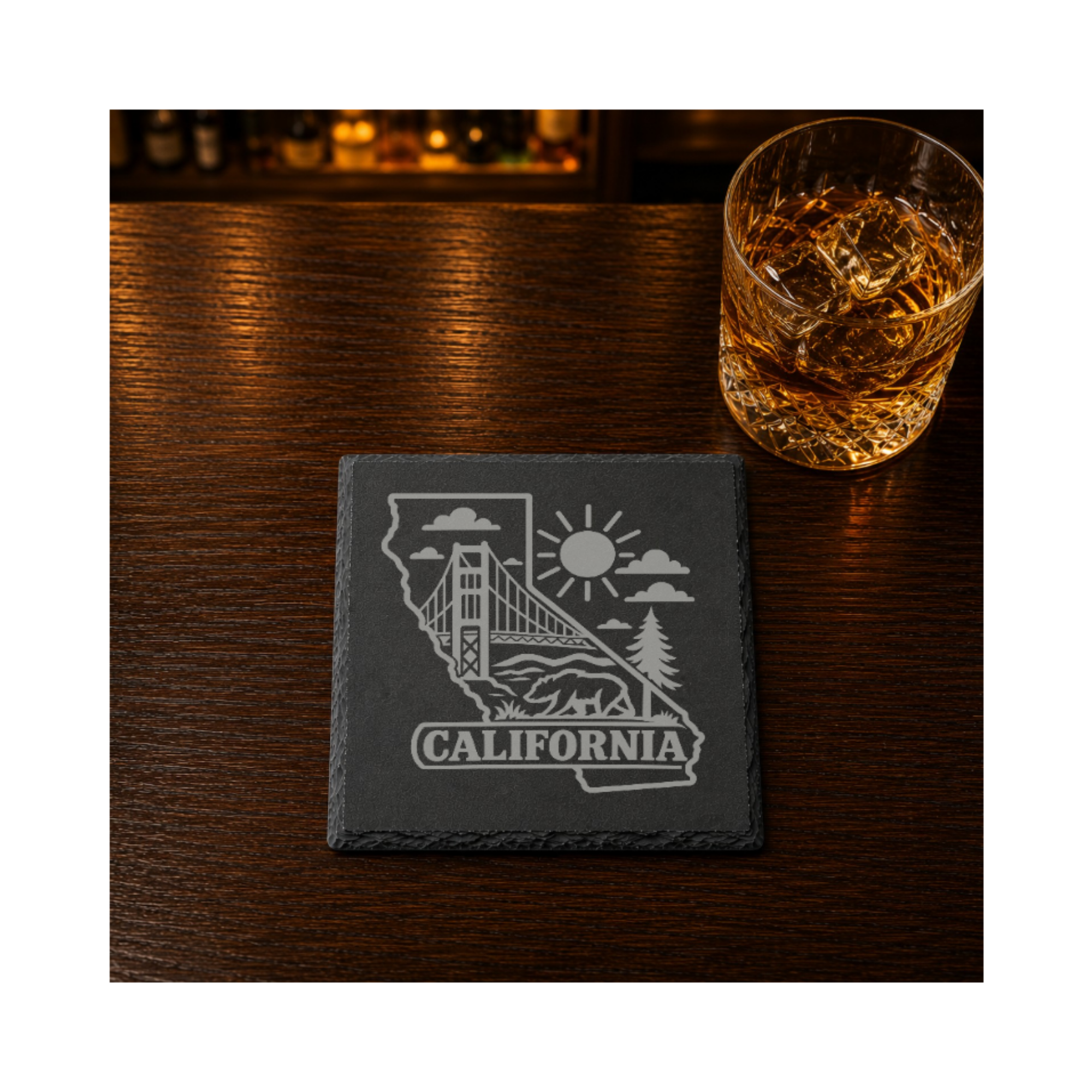 California Slate Coaster - Laser Etched State Design with Golden Gate Bridge, Bear & Sun - Handcrafted Home Decor Gift — Dandelion Design Co. — SlateStudioMedia:gallery:20 — 0119-CSGN_california_slate_coaster_laser_etched_state_design_with_golden_gate_bridge_bear_sun_handcrafted_home_decor_gift_07_square_whiskey_lifestyle.png