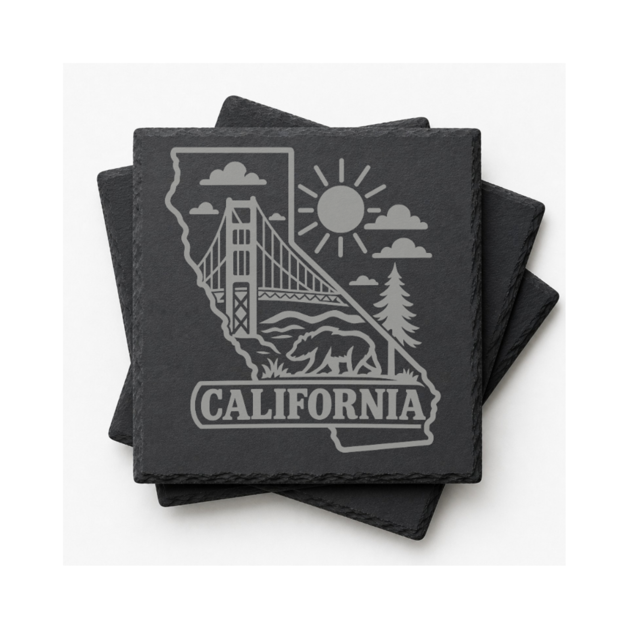 California Slate Coaster - Laser Etched State Design with Golden Gate Bridge, Bear & Sun - Handcrafted Home Decor Gift — Dandelion Design Co. — SlateStudioMedia:gallery:12 — 0119-CSGN_california_slate_coaster_laser_etched_state_design_with_golden_gate_bridge_bear_sun_handcrafted_home_decor_gift_09_square_stack.png