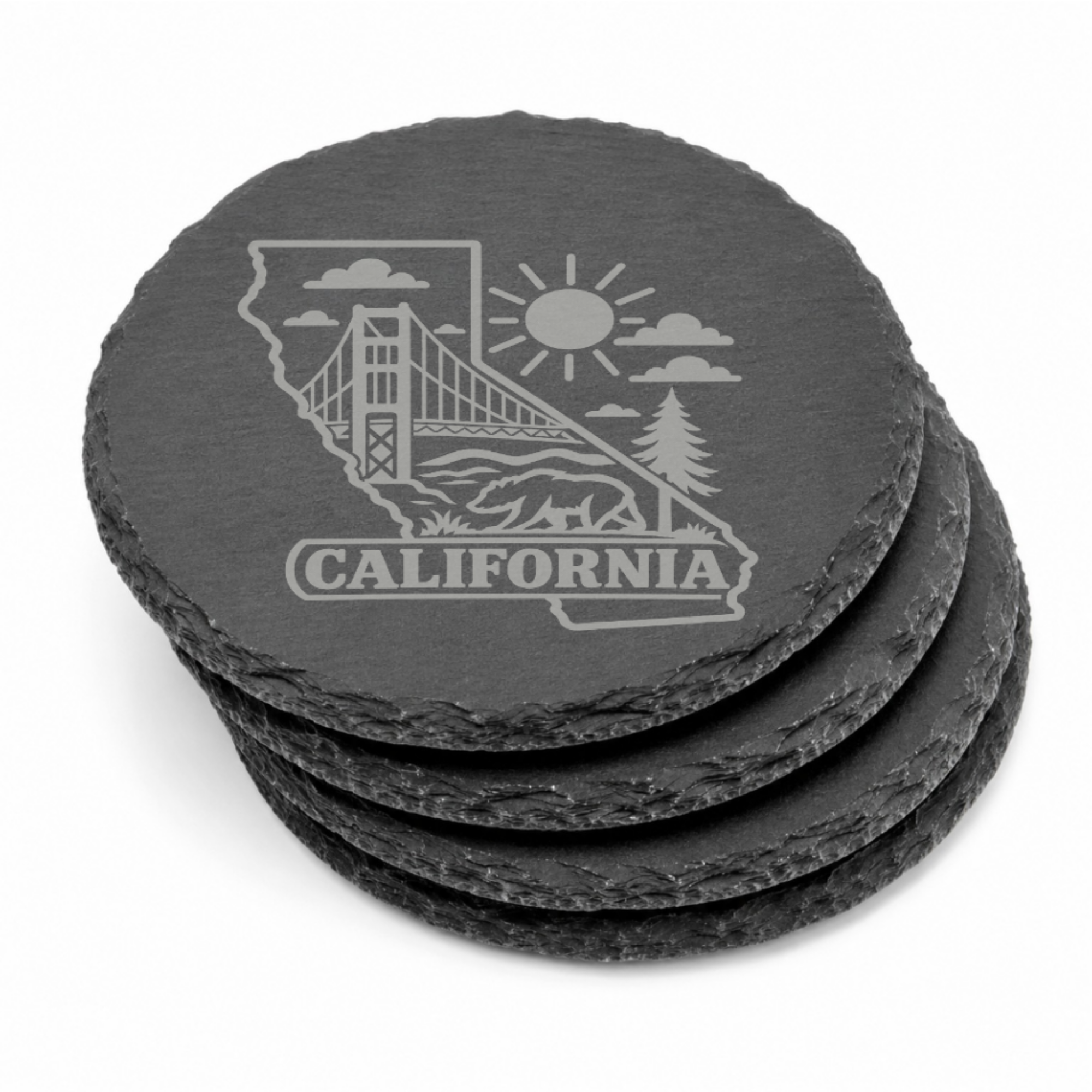 California Slate Coaster - Laser Etched State Design with Golden Gate Bridge, Bear & Sun - Handcrafted Home Decor Gift — Dandelion Design Co. — SlateStudioMedia:gallery:13 — 0119-CSGN_california_slate_coaster_laser_etched_state_design_with_golden_gate_bridge_bear_sun_handcrafted_home_decor_gift_10_round_stack.png