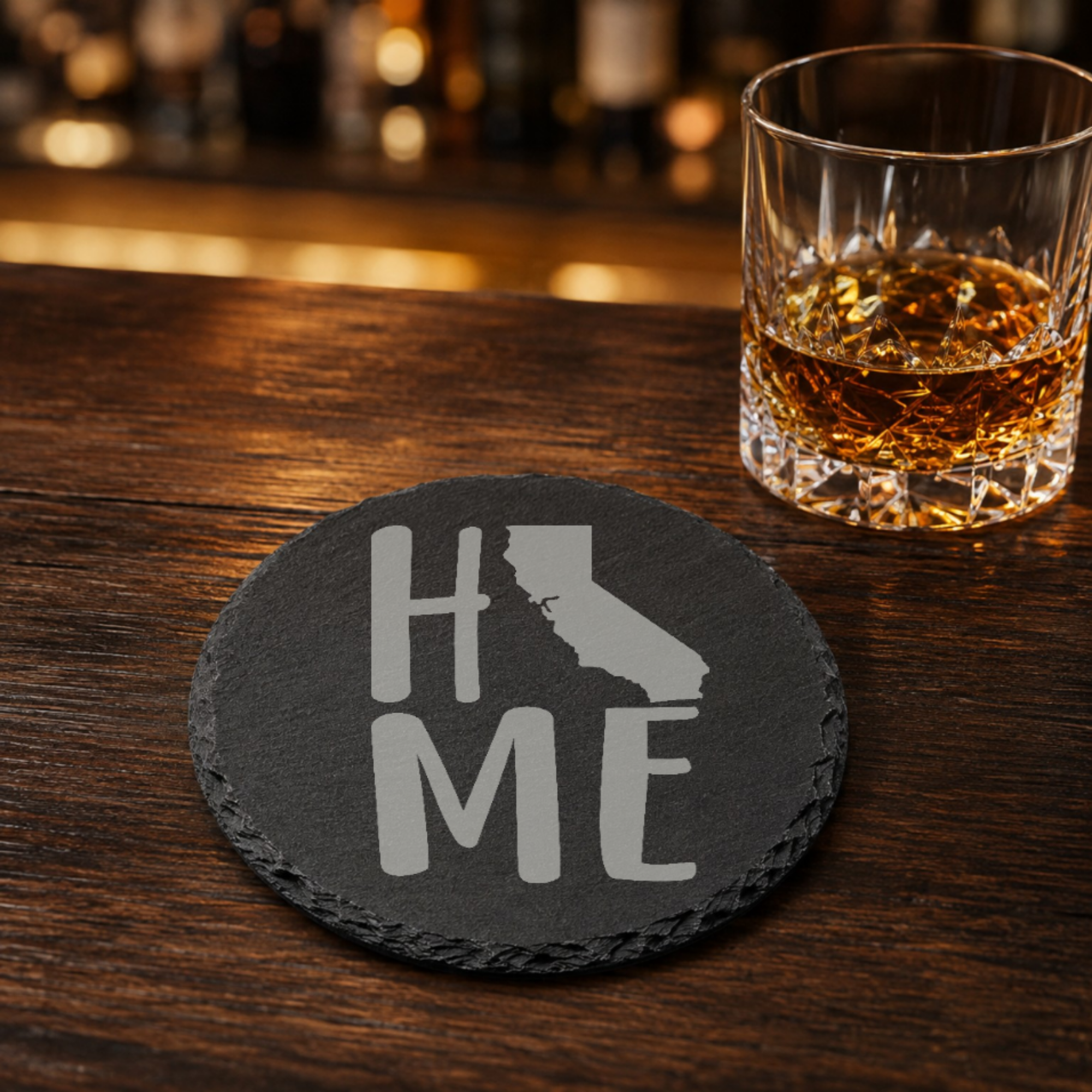 California Slate Coaster - Laser Etched State Design with Golden Gate Bridge, Bear & Sun - Handcrafted Home Decor Gift — Dandelion Design Co. — SlateStudioMedia:gallery:23 — 0119-CSGN_california_slate_coaster_laser_etched_state_design_with_golden_gate_bridge_bear_sun_handcrafted_home_decor_gift_16_D02_round_whiskey_lifestyle.png