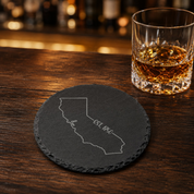 California Slate Coaster - Laser Etched State Design with Golden Gate Bridge, Bear & Sun - Handcrafted Home Decor Gift — Dandelion Design Co. — SlateStudioMedia:gallery:27 — 0119-CSGN_california_slate_coaster_laser_etched_state_design_with_golden_gate_bridge_bear_sun_handcrafted_home_decor_gift_28_D04_round_whiskey_lifestyle.png