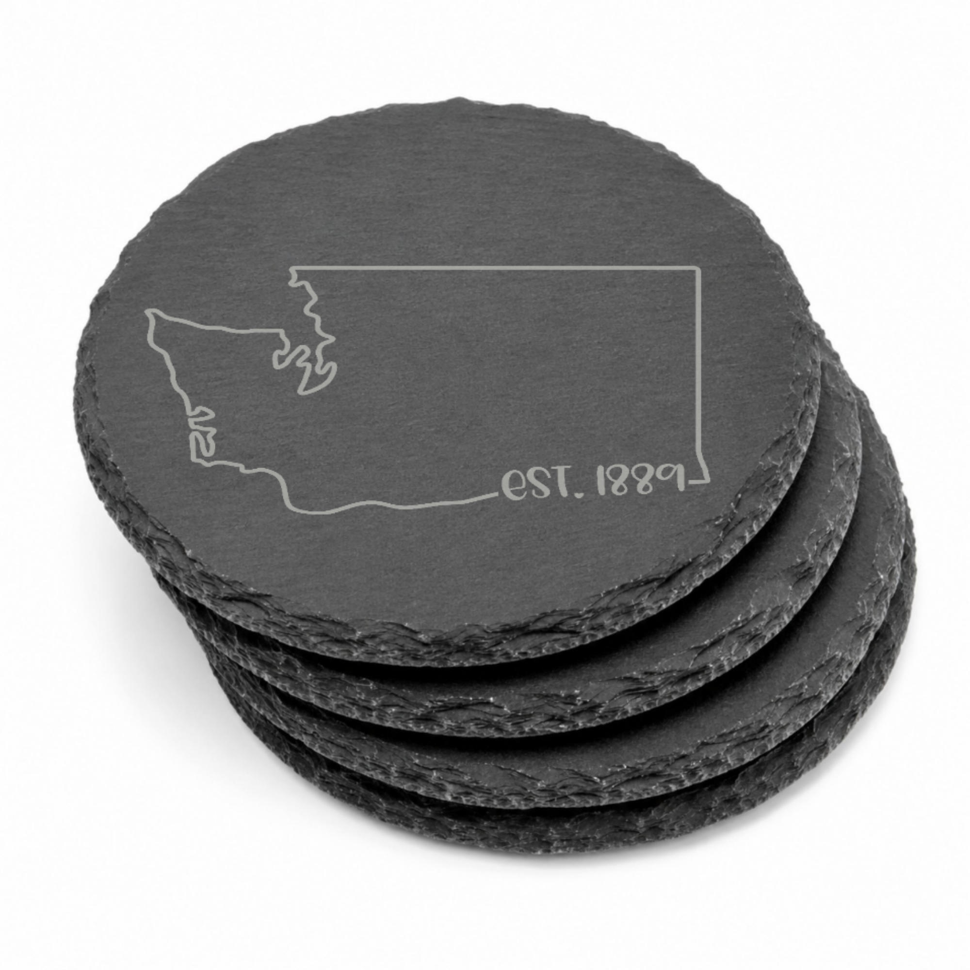 Washington Slate Coasters 4x4 Laser Engraved Stone Drink Coasters Washington Home Décor Evergreen State Established 1889 Gift — Dandelion Design Co. — SlateStudioMedia:gallery:17 — 0120-WSGN_washington_slate_coasters_4x4_laser_engraved_stone_drink_coasters_washington_home_d_cor_evergreen_state_established_1889_gift_21_D03_round_stack.png