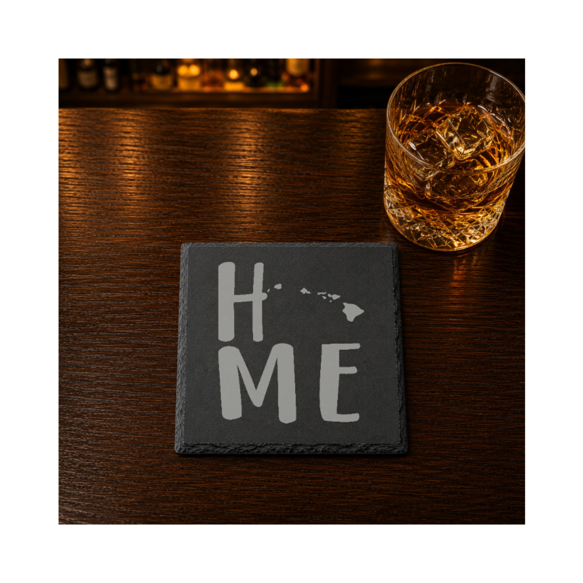 Hawaii Slate Coasters 4x4 Laser Engraved Stone Drink Coasters Hawaii Home Decor Aloha State Established 1959 Gift — Dandelion Design Co. — SlateStudioMedia:gallery:16 — 0121-HSGN_hawaii_slate_coasters_4x4_laser_engraved_stone_drink_coasters_hawaii_home_decor_aloha_state_established_1959_gift_07_square_whiskey_lifestyle.png