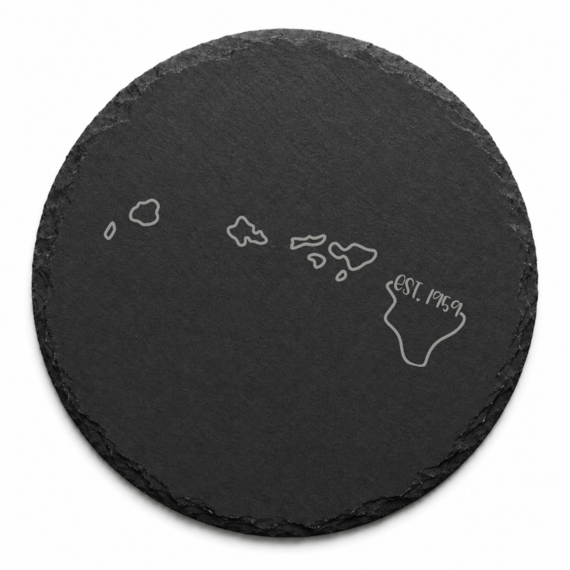 Hawaii Slate Coasters 4x4 Laser Engraved Stone Drink Coasters Hawaii Home Decor Aloha State Established 1959 Gift — Dandelion Design Co. — SlateStudioMedia:design%3A2%3Ashape%3Around:6 — 0121-HSGN_hawaii_slate_coasters_4x4_laser_engraved_stone_drink_coasters_hawaii_home_decor_aloha_state_established_1959_gift_14_D02_round_main.png