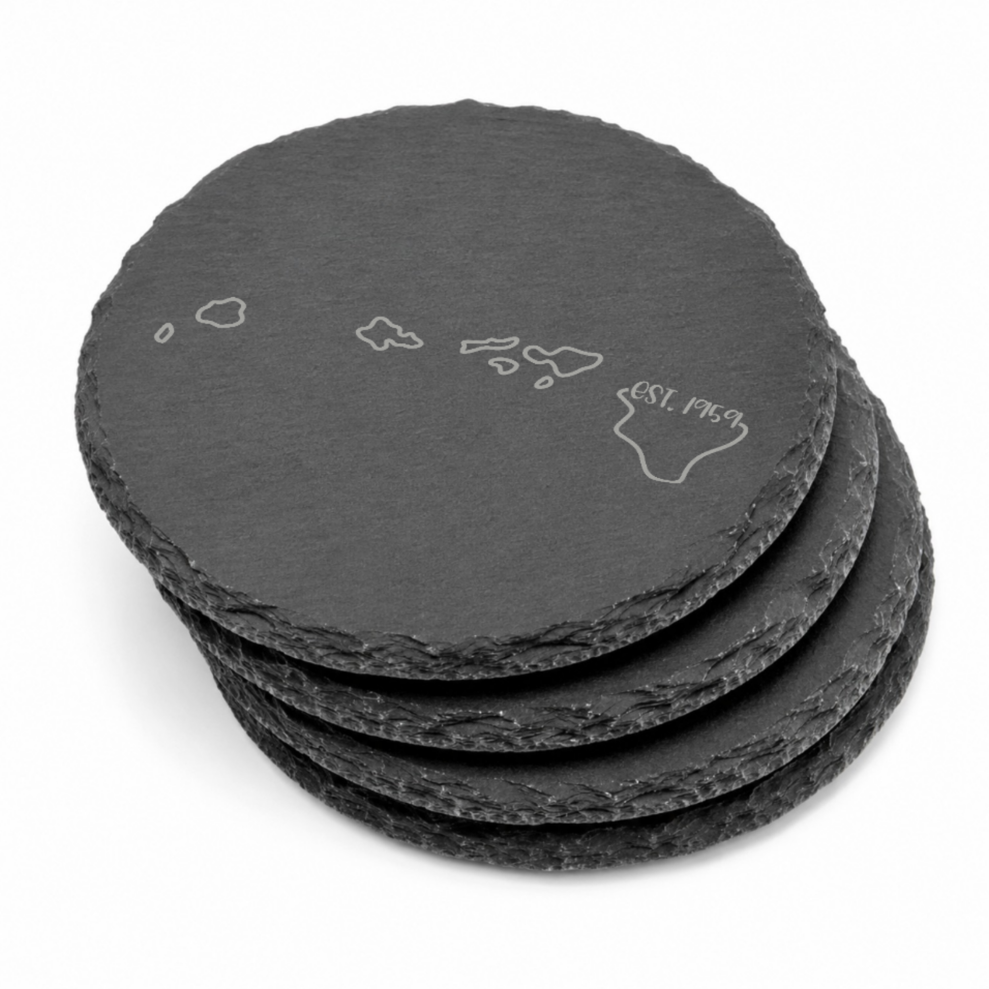 Hawaii Slate Coasters 4x4 Laser Engraved Stone Drink Coasters Hawaii Home Decor Aloha State Established 1959 Gift — Dandelion Design Co. — SlateStudioMedia:gallery:13 — 0121-HSGN_hawaii_slate_coasters_4x4_laser_engraved_stone_drink_coasters_hawaii_home_decor_aloha_state_established_1959_gift_15_D02_round_stack.png