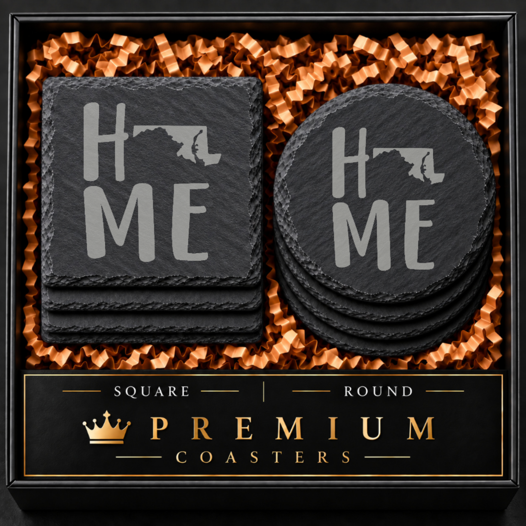 Maryland Slate Coasters 4x4 Laser Engraved Stone Drink Coasters Maryland Home Décor Old Line State Established 1788 Gift — Dandelion Design Co. — SlateStudioMedia:hero:1 — 0123-MSGN_maryland_slate_coasters_4x4_laser_engraved_stone_drink_coasters_maryland_home_d_cor_old_line_state_established_1788_gift_01_square_round_gift_hero.png