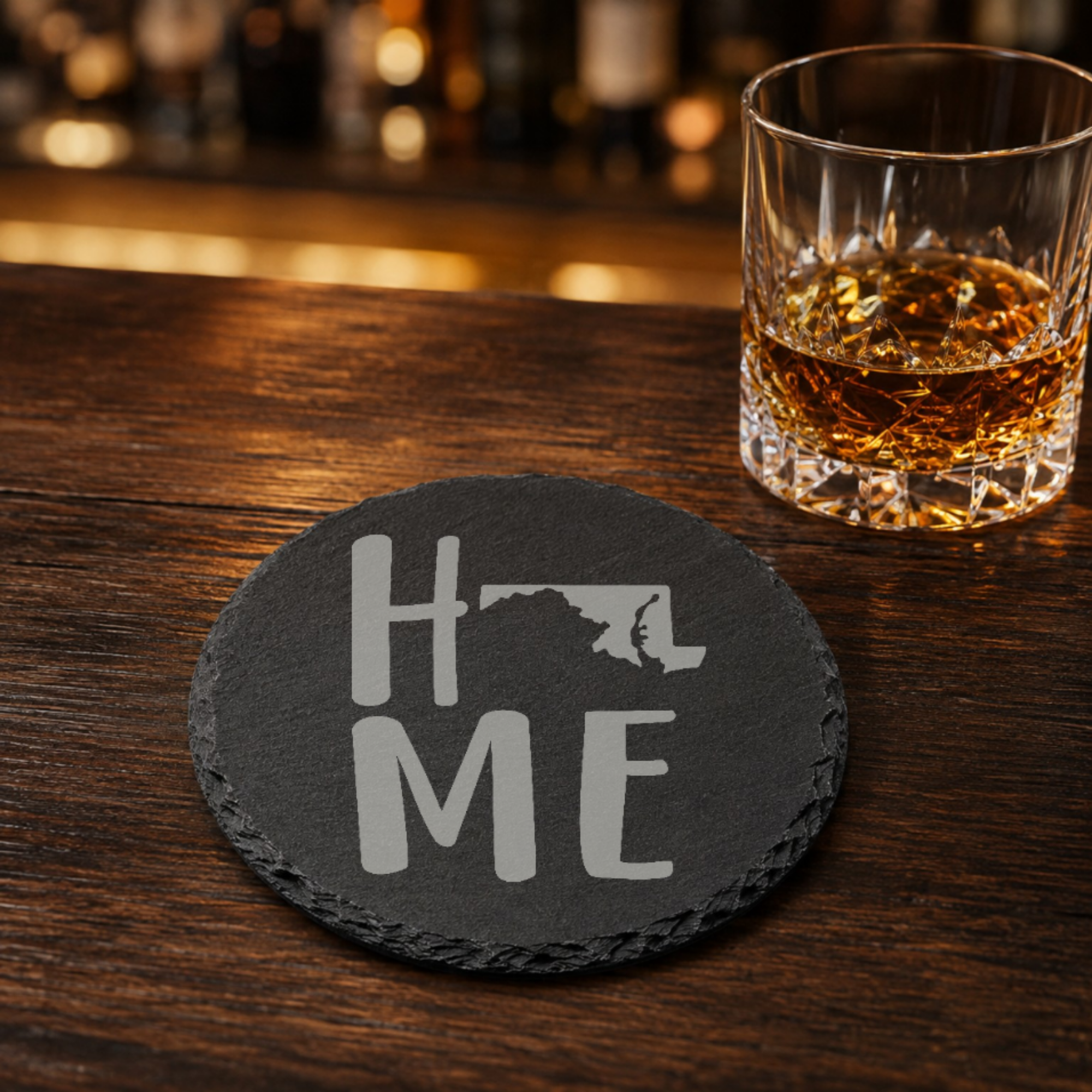 Maryland Slate Coasters 4x4 Laser Engraved Stone Drink Coasters Maryland Home Décor Old Line State Established 1788 Gift — Dandelion Design Co. — SlateStudioMedia:gallery:17 — 0123-MSGN_maryland_slate_coasters_4x4_laser_engraved_stone_drink_coasters_maryland_home_d_cor_old_line_state_established_1788_gift_08_round_whiskey_lifestyle.png