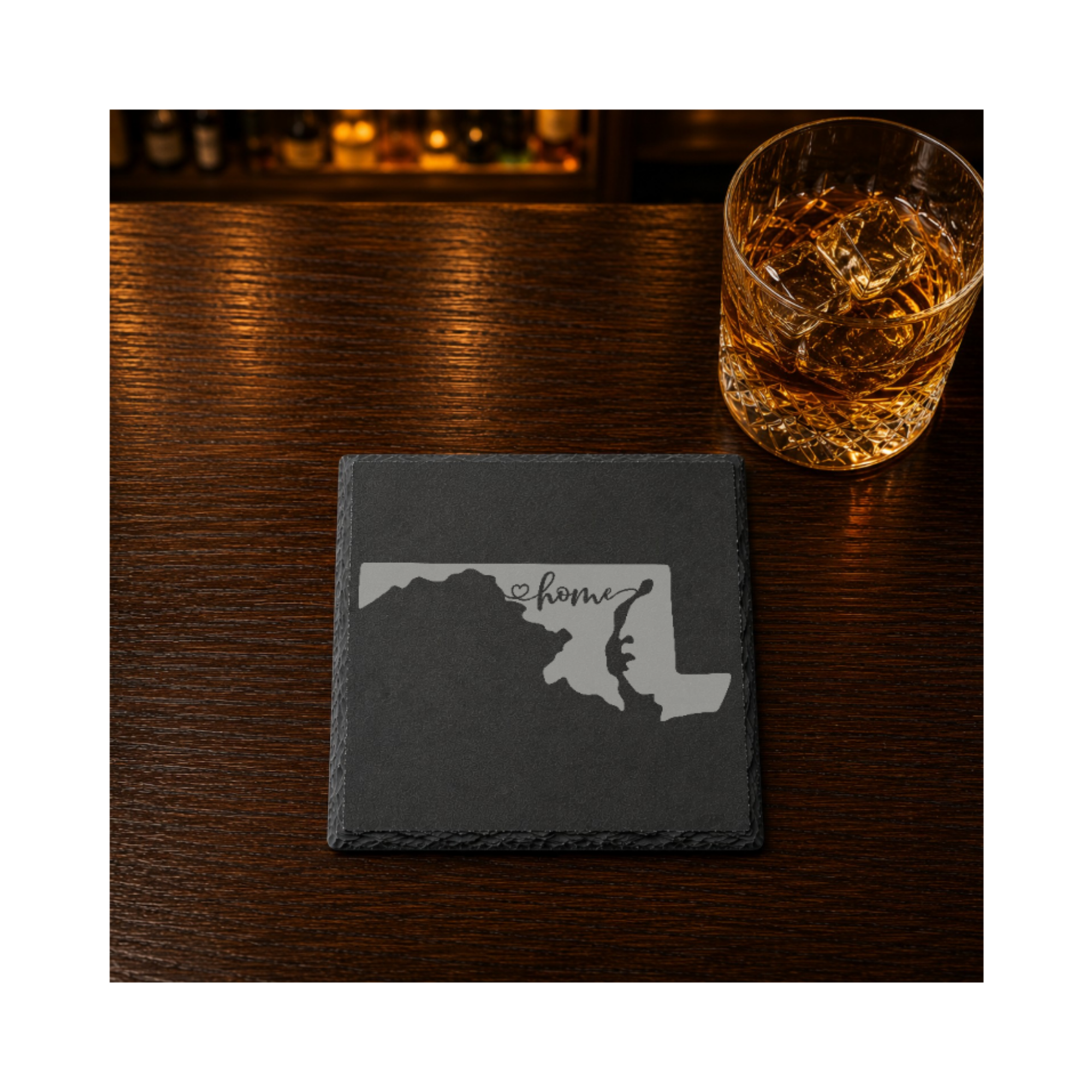 Maryland Slate Coasters 4x4 Laser Engraved Stone Drink Coasters Maryland Home Décor Old Line State Established 1788 Gift — Dandelion Design Co. — SlateStudioMedia:gallery:18 — 0123-MSGN_maryland_slate_coasters_4x4_laser_engraved_stone_drink_coasters_maryland_home_d_cor_old_line_state_established_1788_gift_13_D02_square_whiskey_lifestyle.png