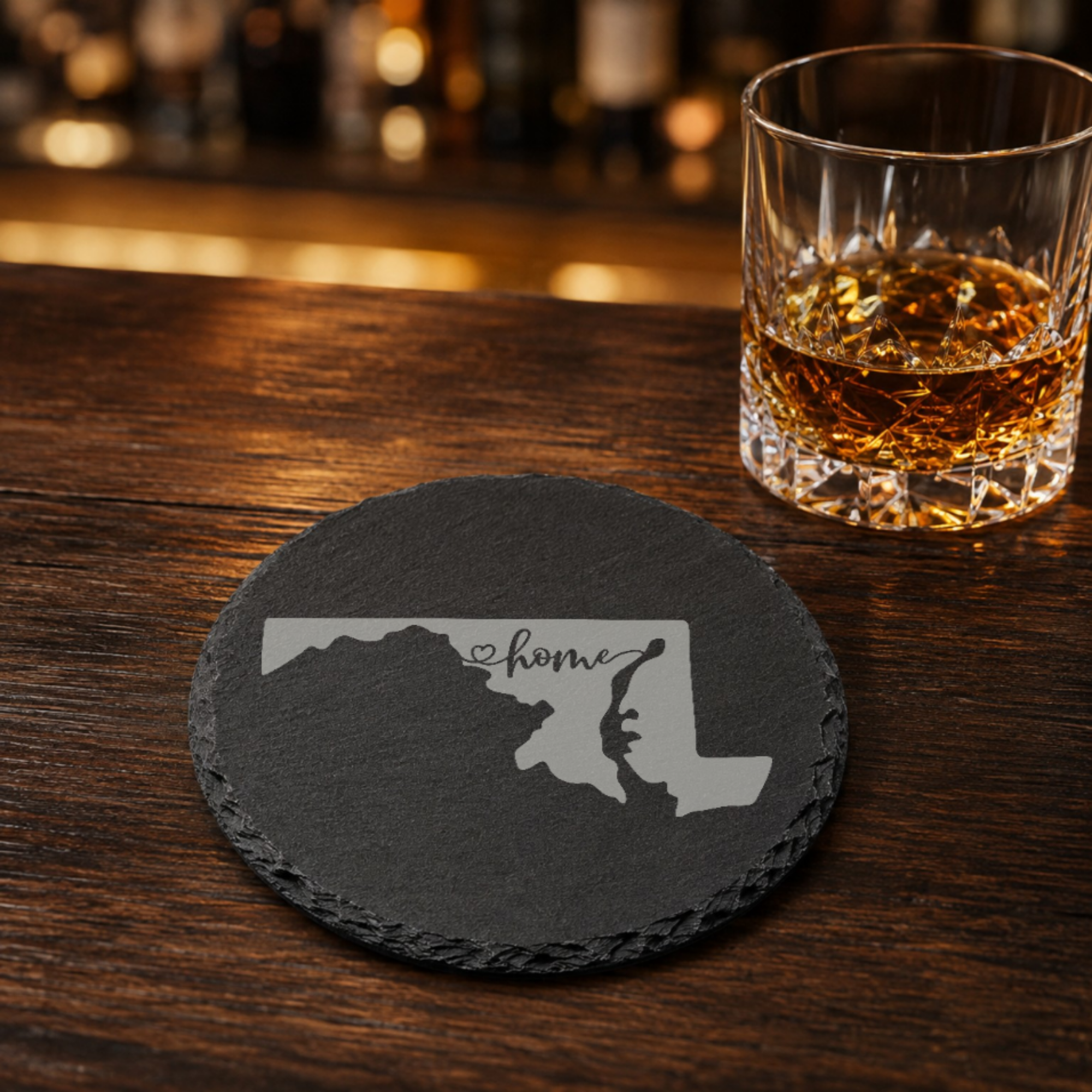 Maryland Slate Coasters 4x4 Laser Engraved Stone Drink Coasters Maryland Home Décor Old Line State Established 1788 Gift — Dandelion Design Co. — SlateStudioMedia:gallery:19 — 0123-MSGN_maryland_slate_coasters_4x4_laser_engraved_stone_drink_coasters_maryland_home_d_cor_old_line_state_established_1788_gift_16_D02_round_whiskey_lifestyle.png
