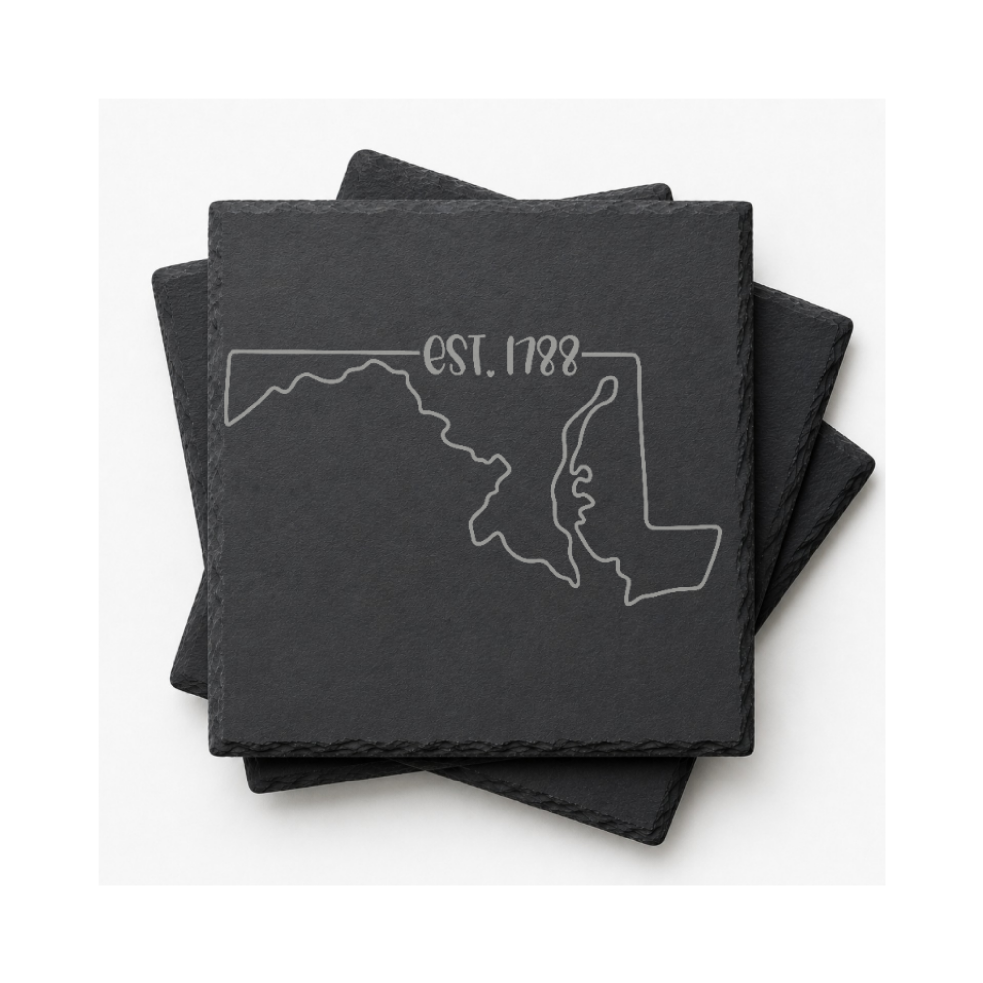 Maryland Slate Coasters 4x4 Laser Engraved Stone Drink Coasters Maryland Home Décor Old Line State Established 1788 Gift — Dandelion Design Co. — SlateStudioMedia:gallery:14 — 0123-MSGN_maryland_slate_coasters_4x4_laser_engraved_stone_drink_coasters_maryland_home_d_cor_old_line_state_established_1788_gift_18_D03_square_stack.png