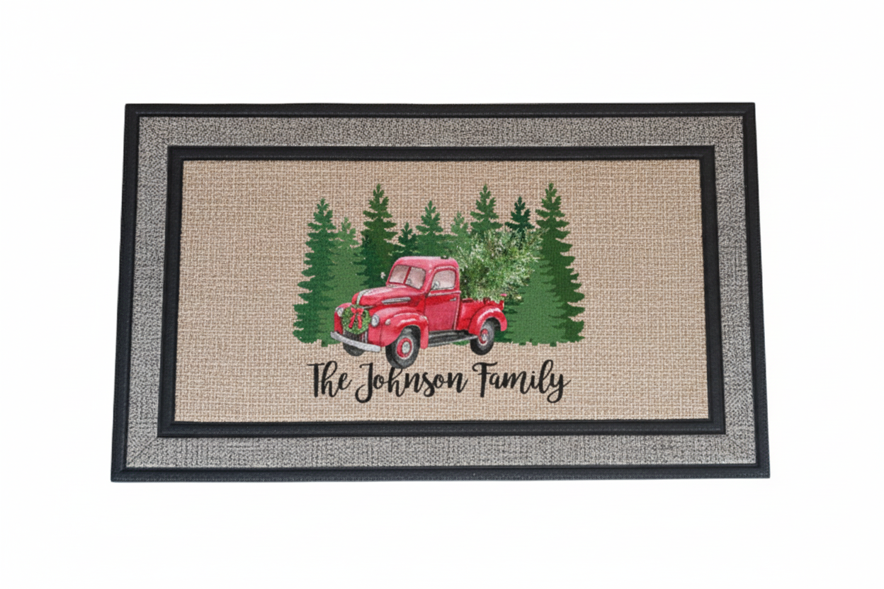 Christmas Truck Personalized Family Name Door Mat - Christmas Tree in Truck Mat