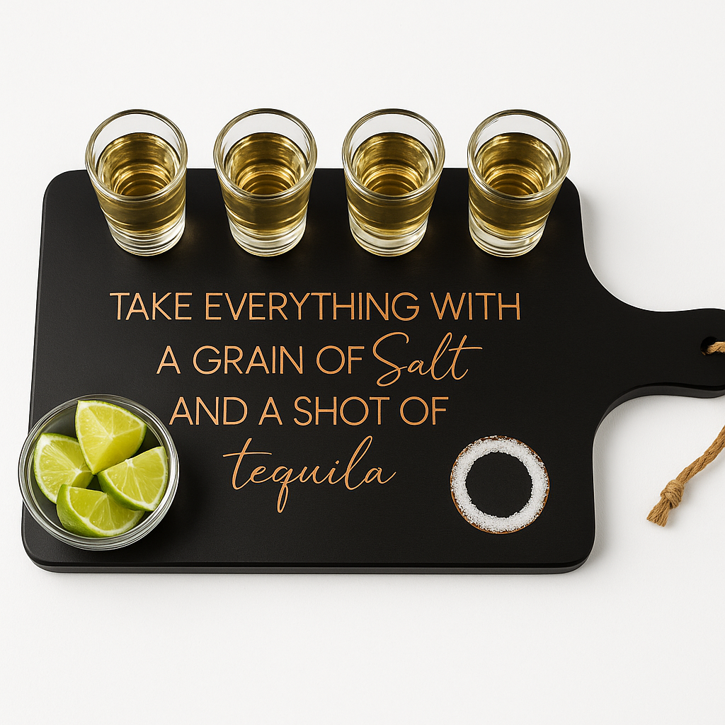 Personalized Tequila Flight Board with Handle and Shot Glasses - charcuterie and cutting board