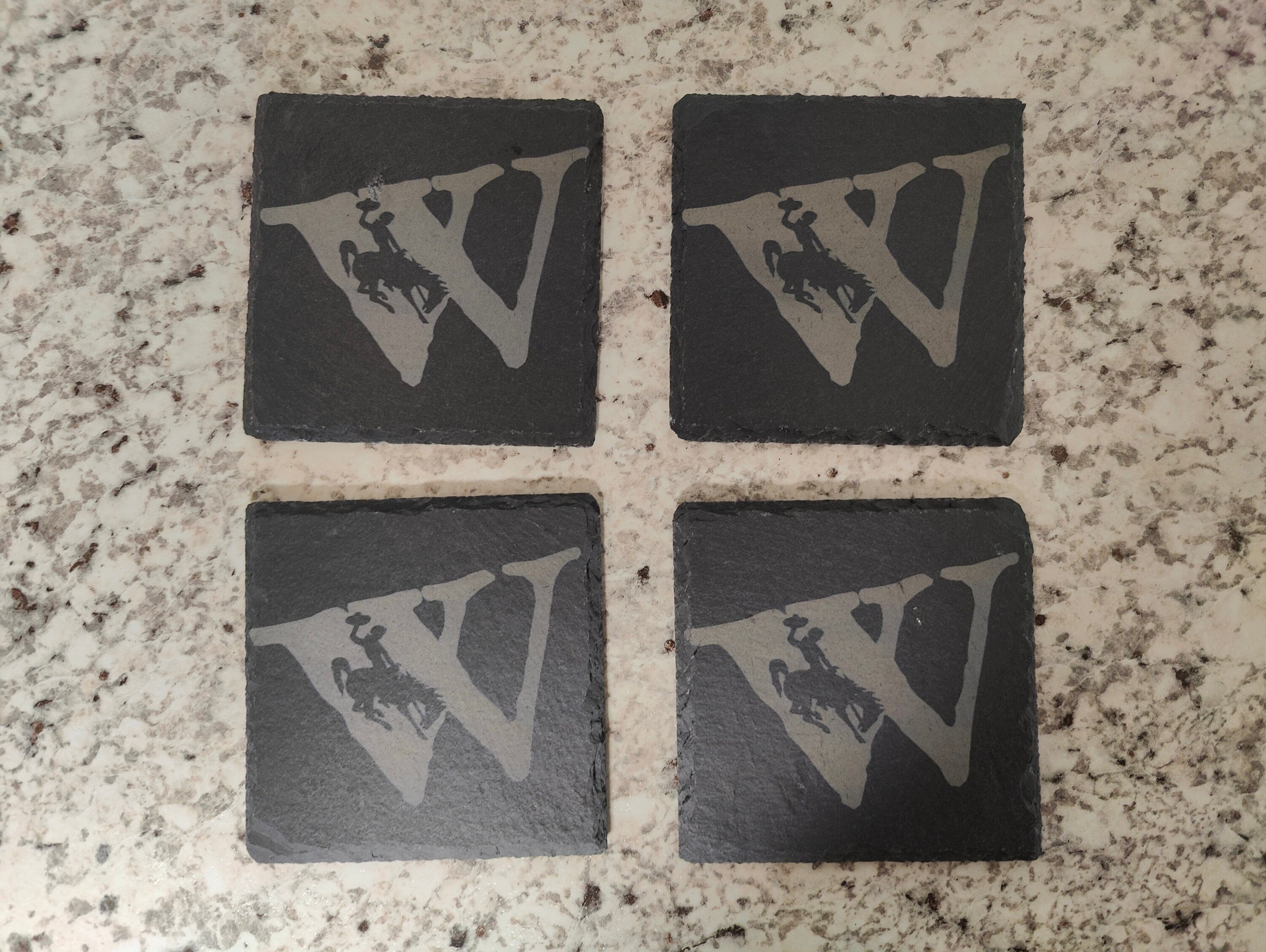 Wyoming Steamboat Laser Engraved Slate Coaster, Set of 4, Bucking Horse, Equality State, State of Woming