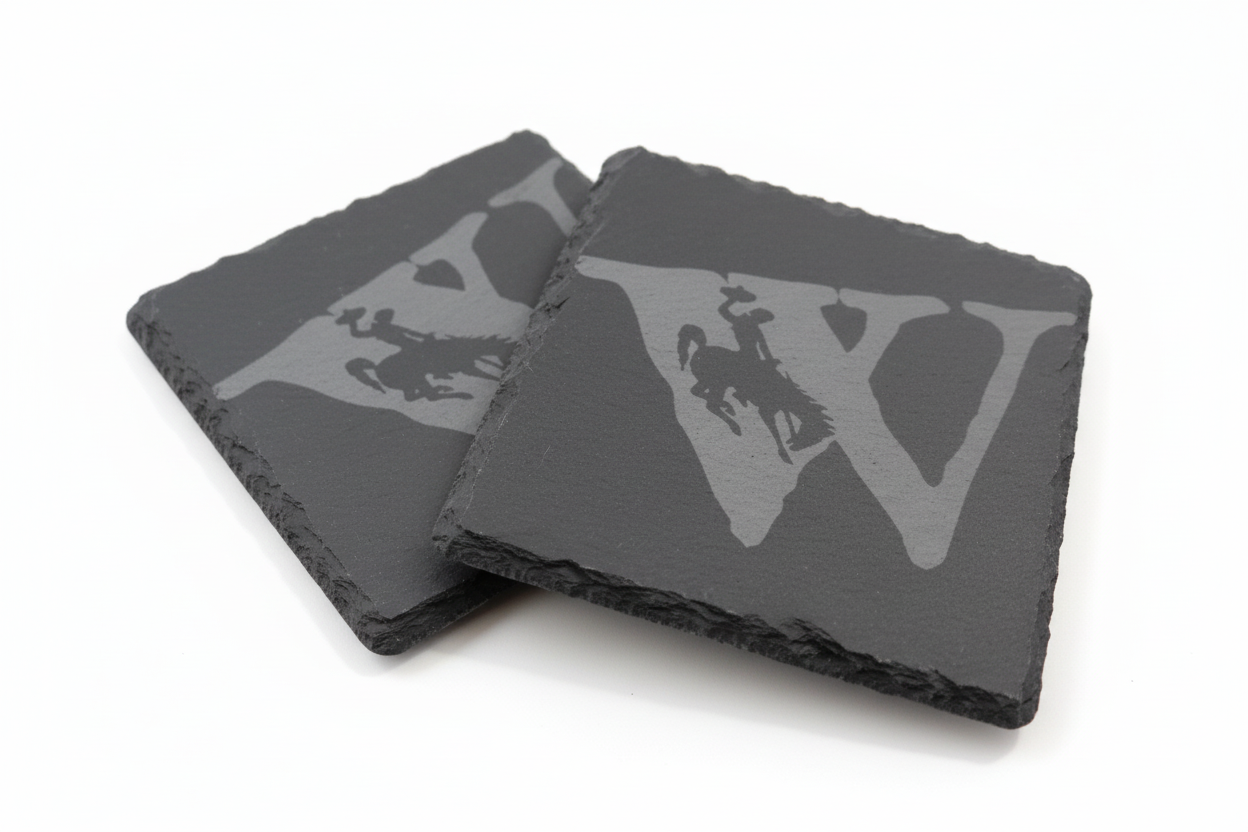 Wyoming Bucking Horse Slate Coaster Set | Set of 4 Steamboat EngravedSlate Coaster Set | Wyoming Cowboys | Drink Coaster | Table Decor