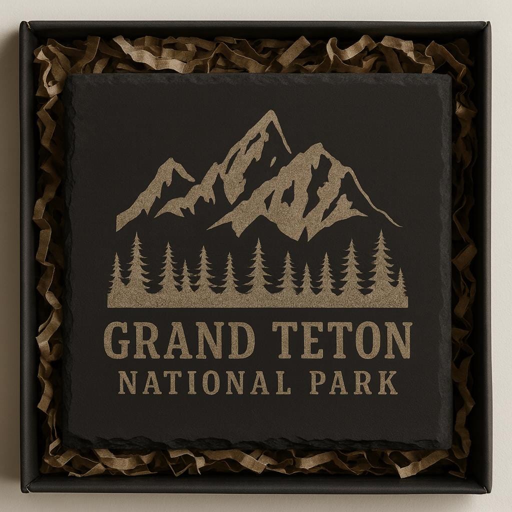 Grand Teton National Park Slate Coaster – Natural Stone Drink Coaster with Trees | Rustic Home Decor | Gift for National Parks