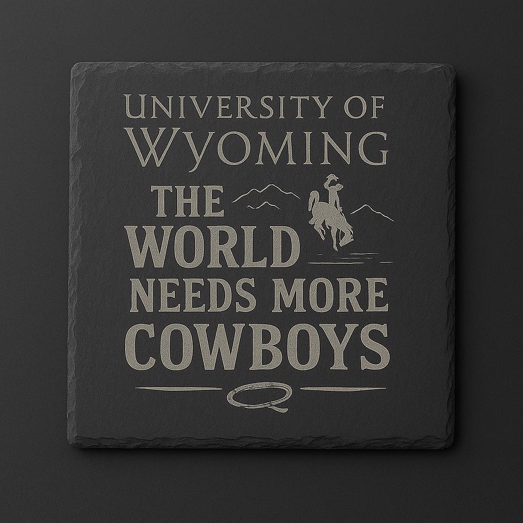 University of Wyoming Slate Coaster – "The World Needs More Cowboys" | Laser Engraved | Rustic Cowboy Gift - UW
