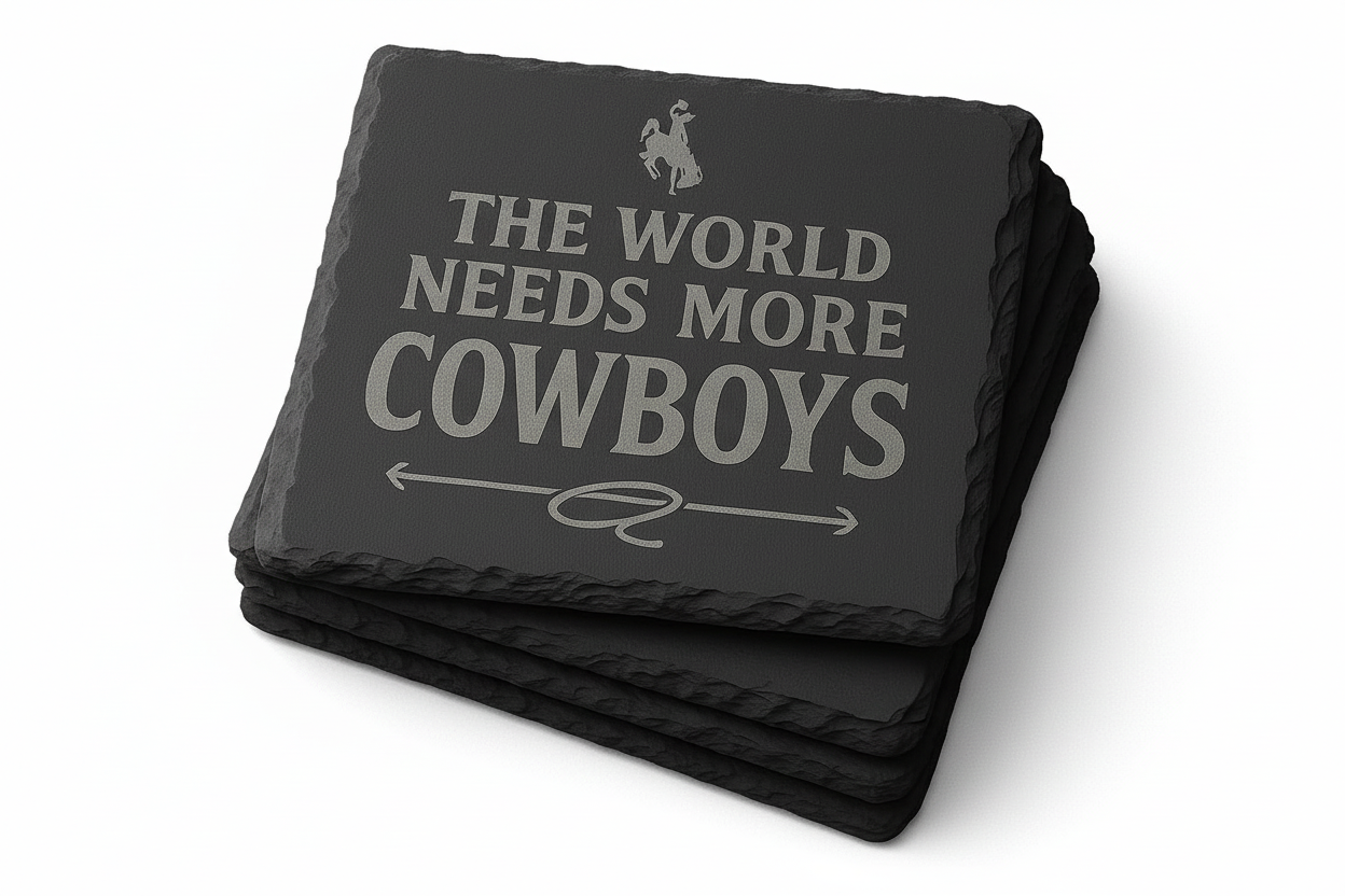 University of Wyoming Slate Coaster – "The World Needs More Cowboys" | Laser Engraved | Rustic Cowboy Gift - UW