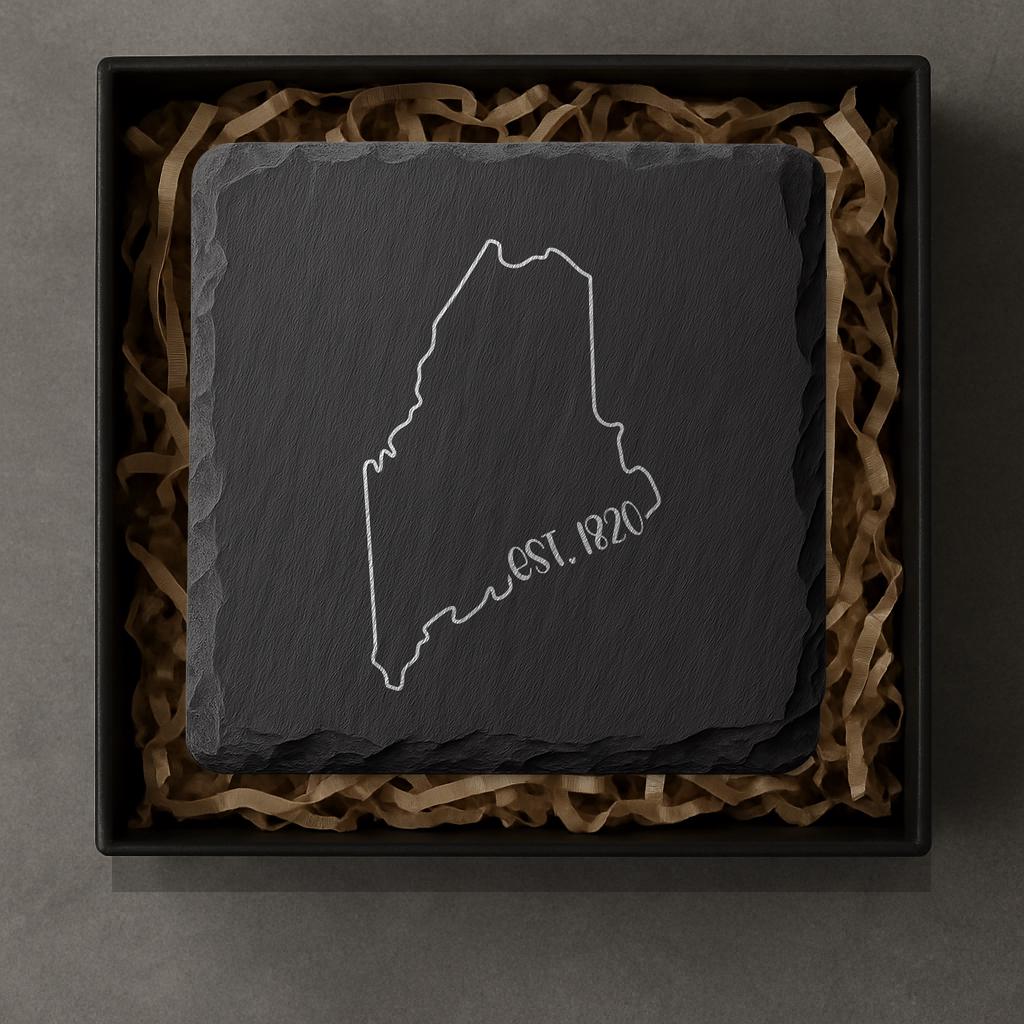 Maine Slate Coasters 4x4 Laser Engraved Stone Drink Coasters Maine Home Décor Pine Tree State Established 1820 Gift