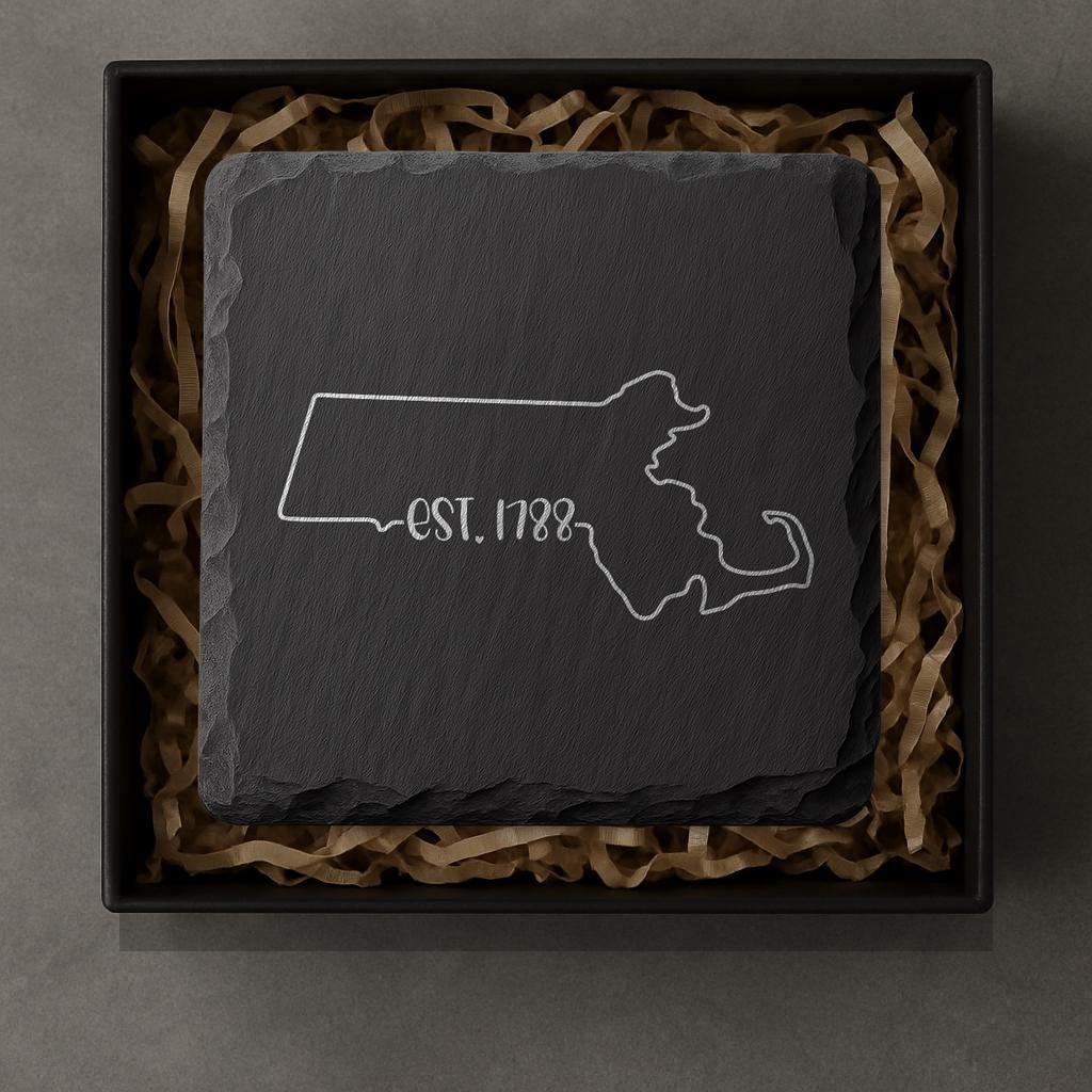 Massachusetts Slate Coasters 4x4 Laser Engraved Stone Drink Coasters Massachusetts Home Décor Bay State Established 1788 Gift