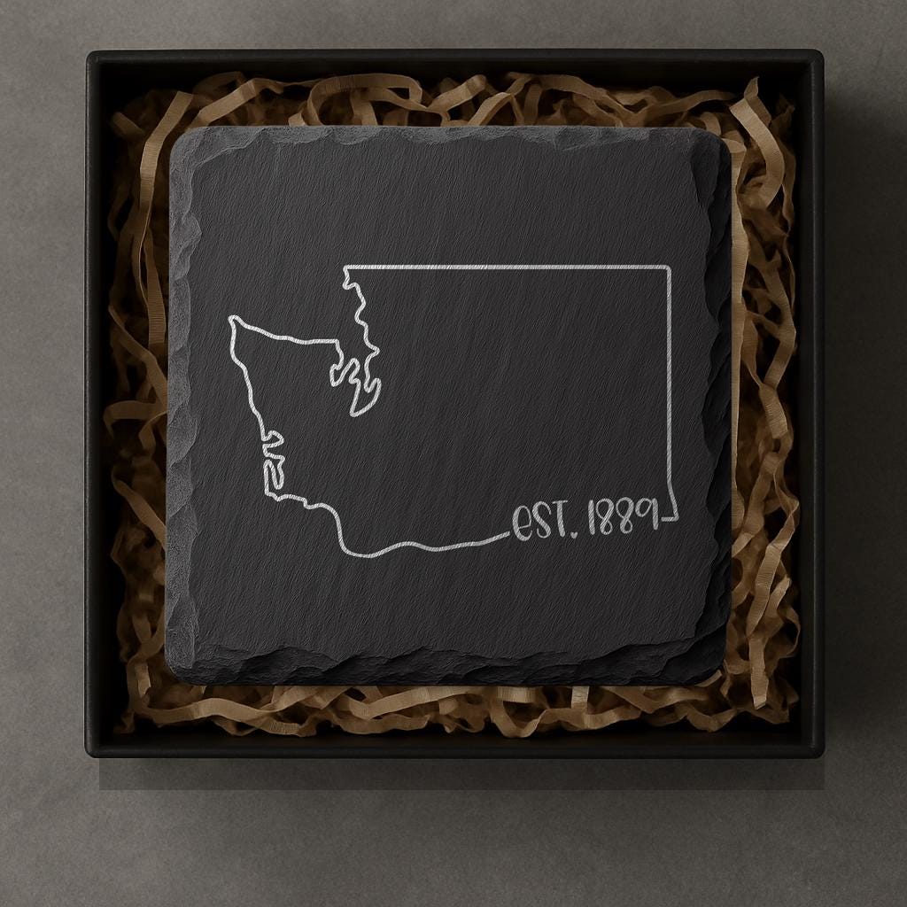 Washington Slate Coasters 4x4 Laser Engraved Stone Drink Coasters Washington Home Décor Evergreen State Established 1889 Gift