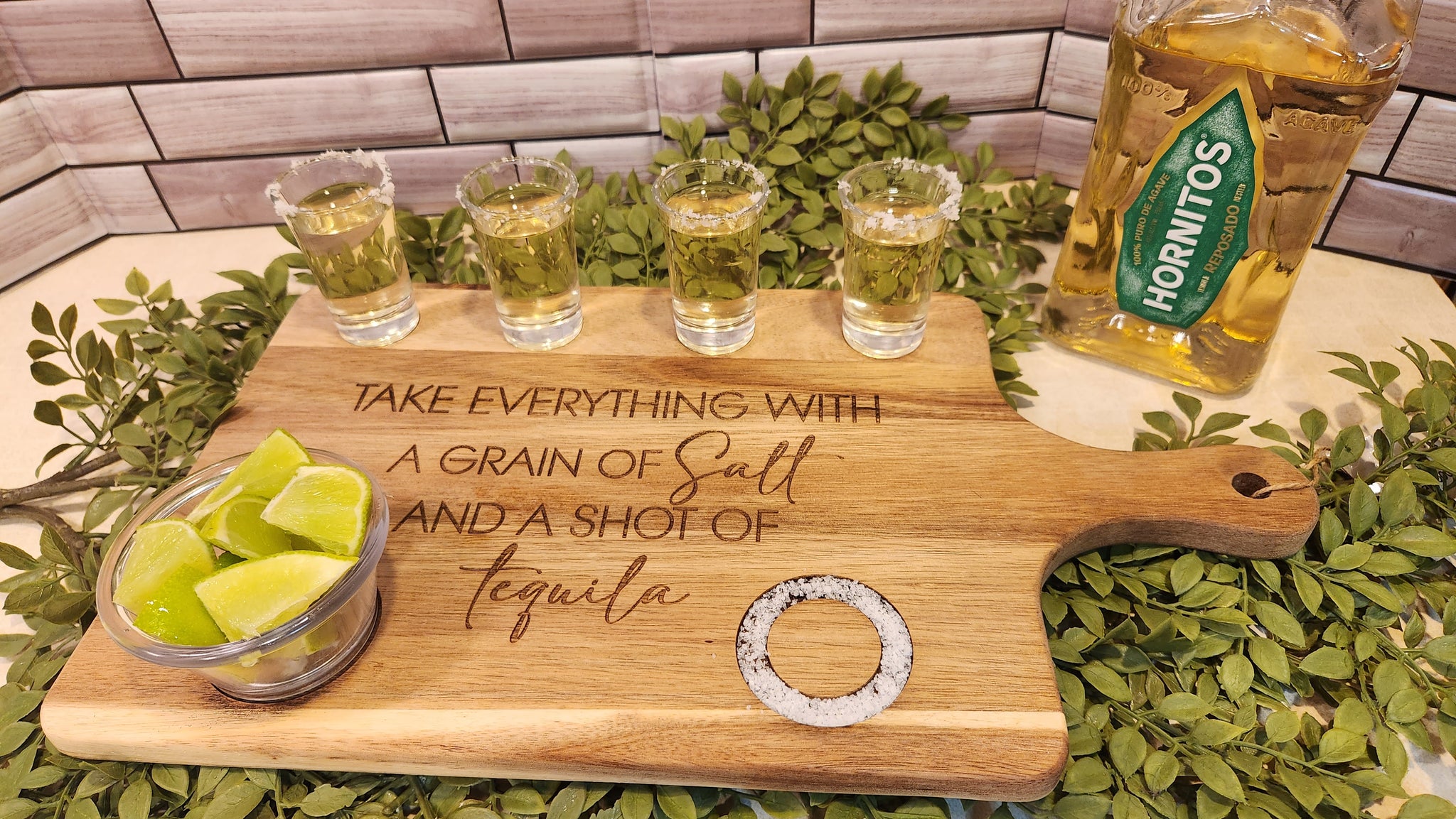 Personalized Tequila Flight Board with Handle and Shot Glasses - charcuterie and cutting board